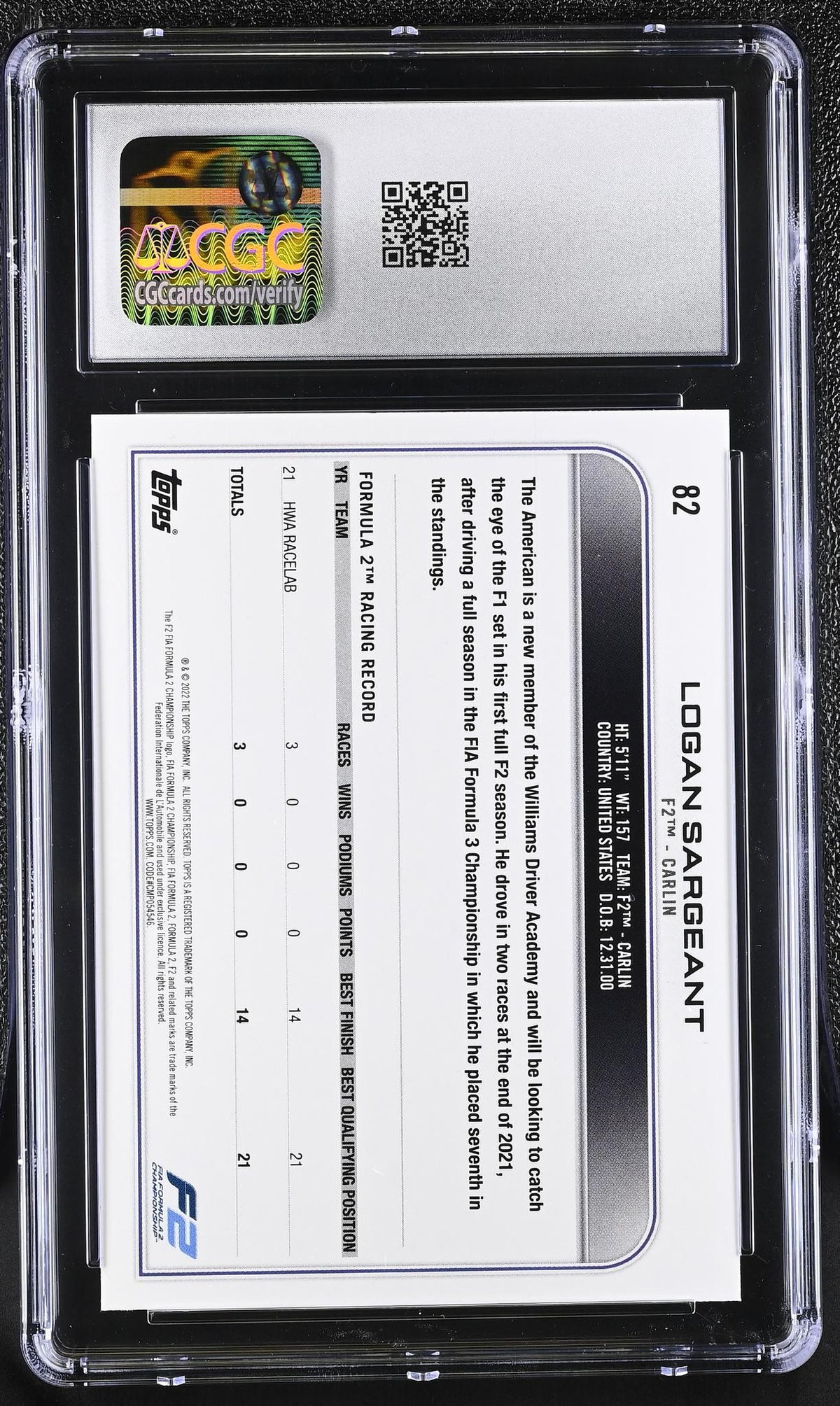 2022 Topps #82 Logan Sargeant Checker Flag CGC 8