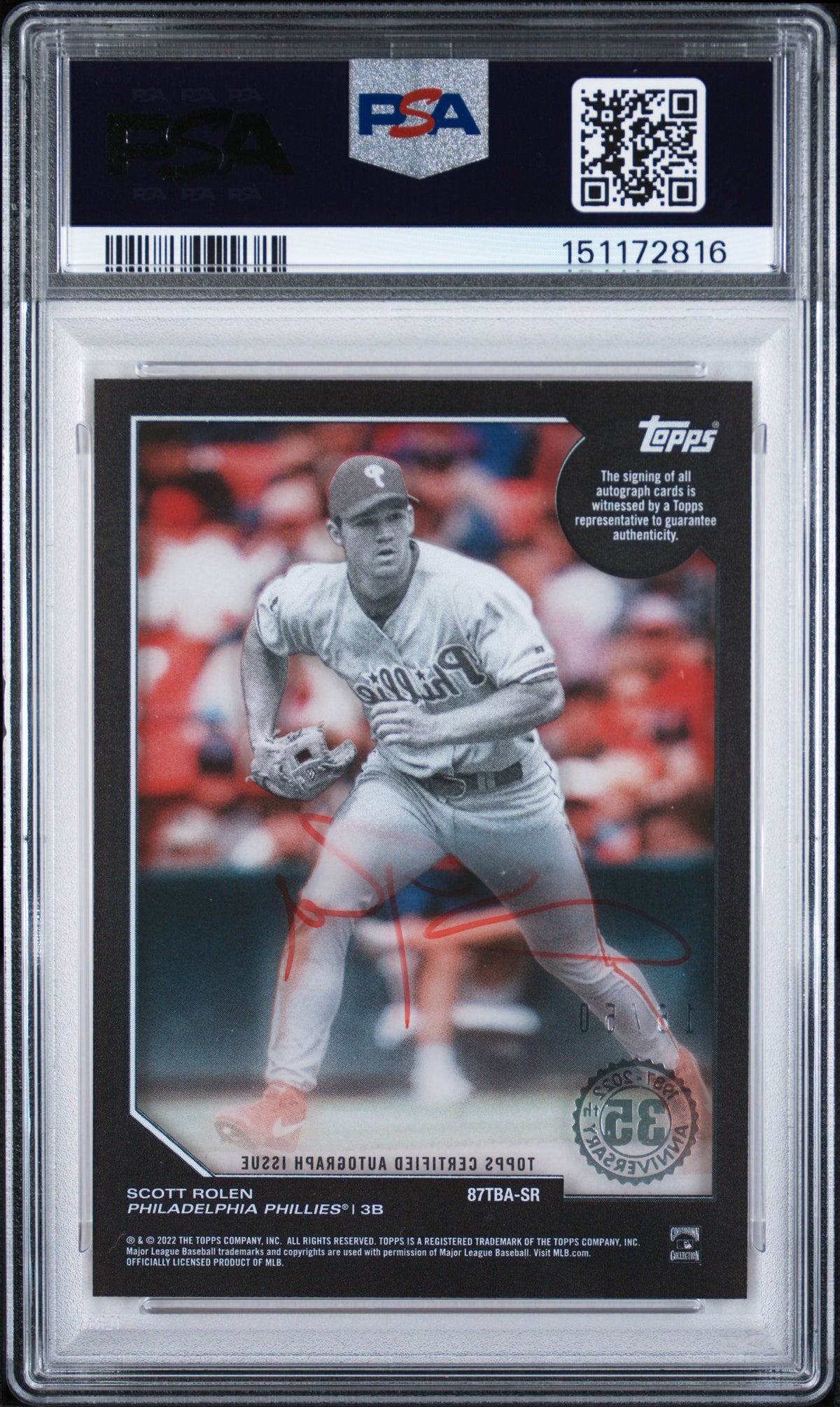 2022 Topps Clearly Authentic 1987 Topps Baseball Autographs 1987 Topps Bb.Au-Red Scott Rolen #SR /50 PSA 9