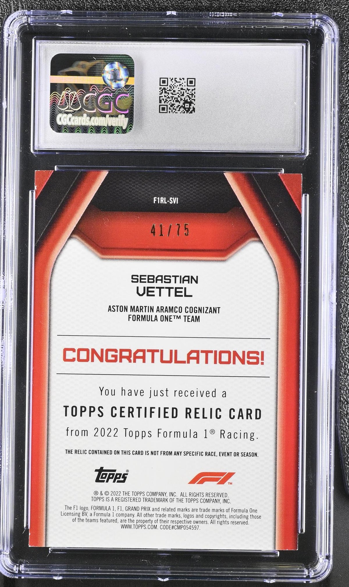 2022 Formula 1 #F1RL-SVI Sebastian Vettel F1 Relics /75 CGC 8
