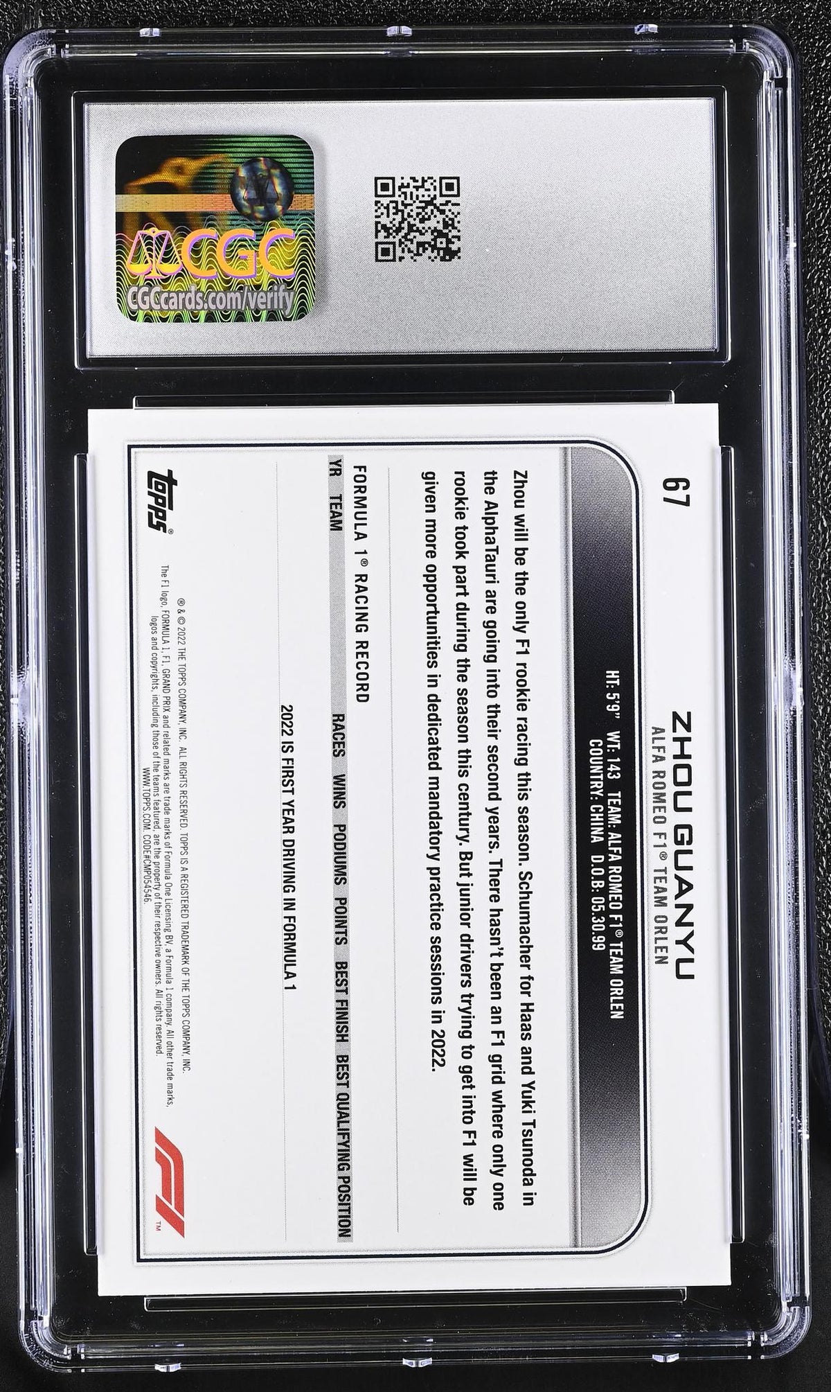 2022 Topps Formula 1 #67 Zhou Guanyu Checker Flag CGC 10