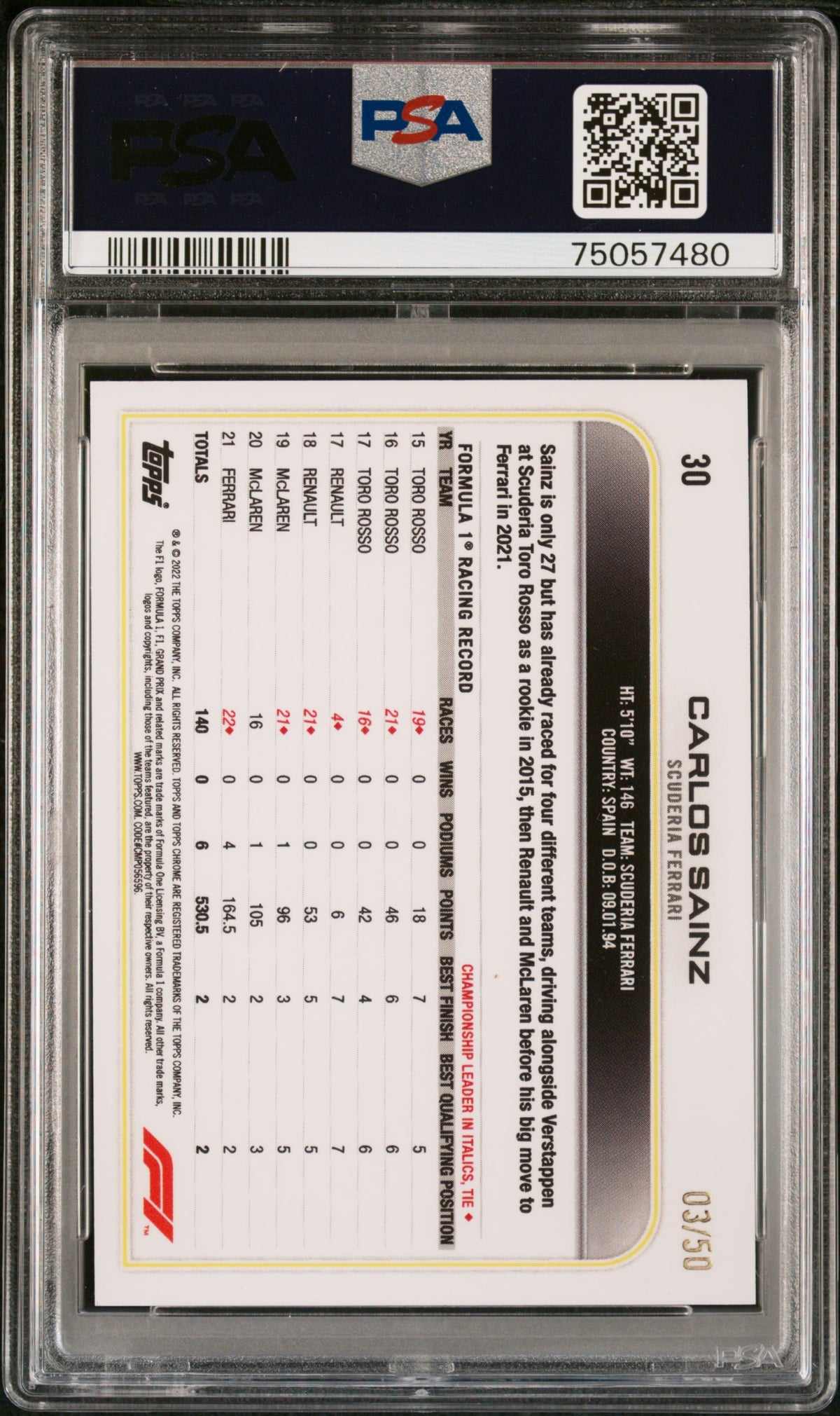 2022 Topps Chrome Formula 1 Gold Wave Refractor Carlos Sainz #30 PSA 9