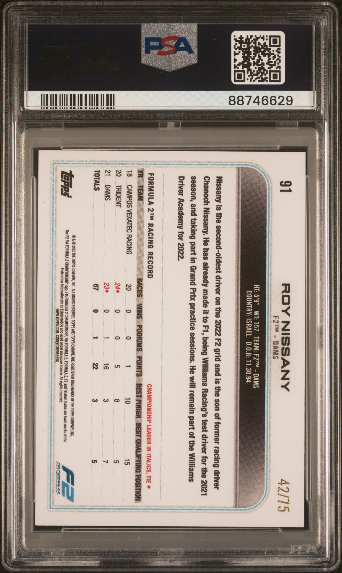 2022 Topps Chrome Formula 1 Pink Refractor Roy Nissany #91 PSA 9