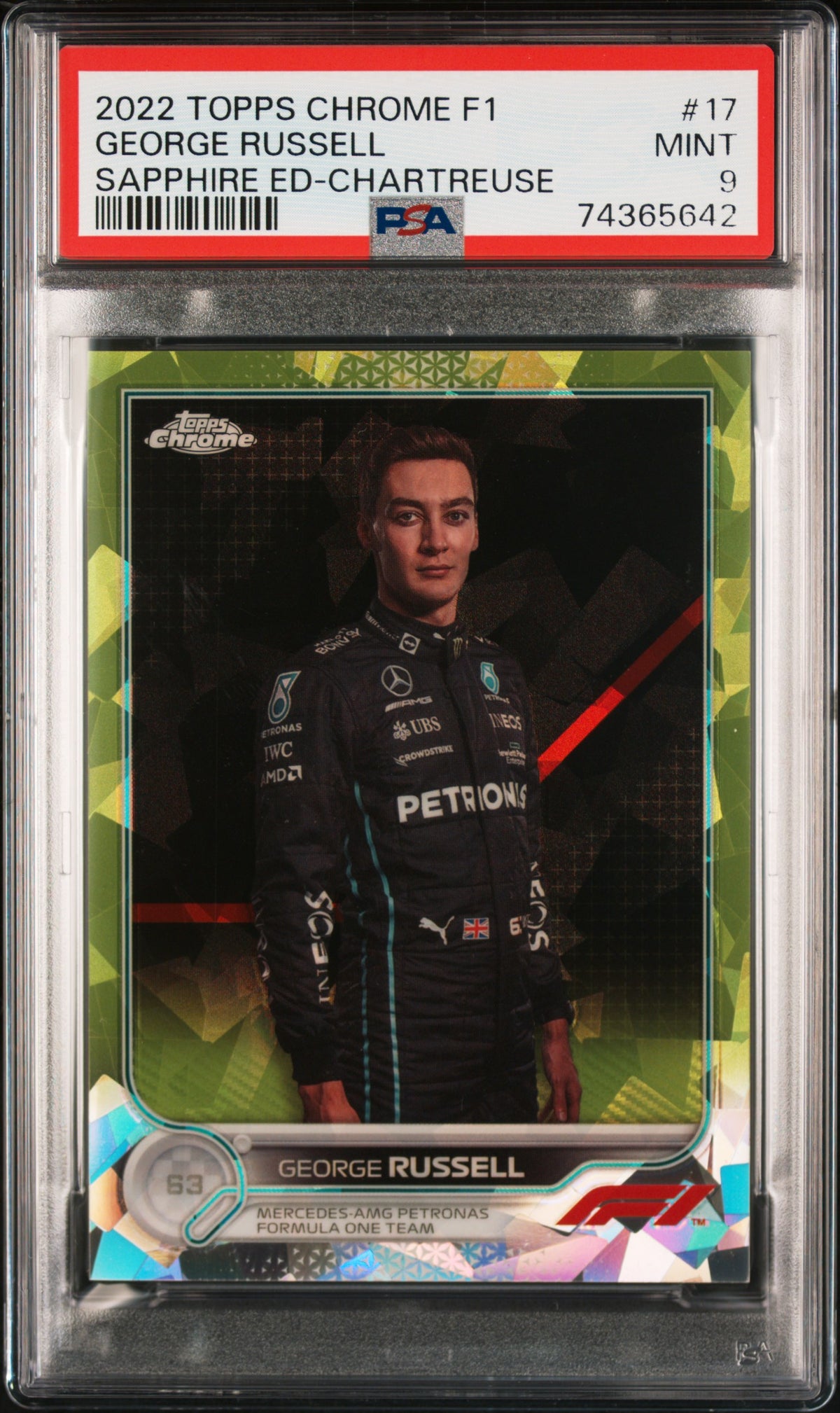 2022 Topps Chrome Formula 1 Sapphire Edition Chartreuse George Russell #17 /199 PSA 9