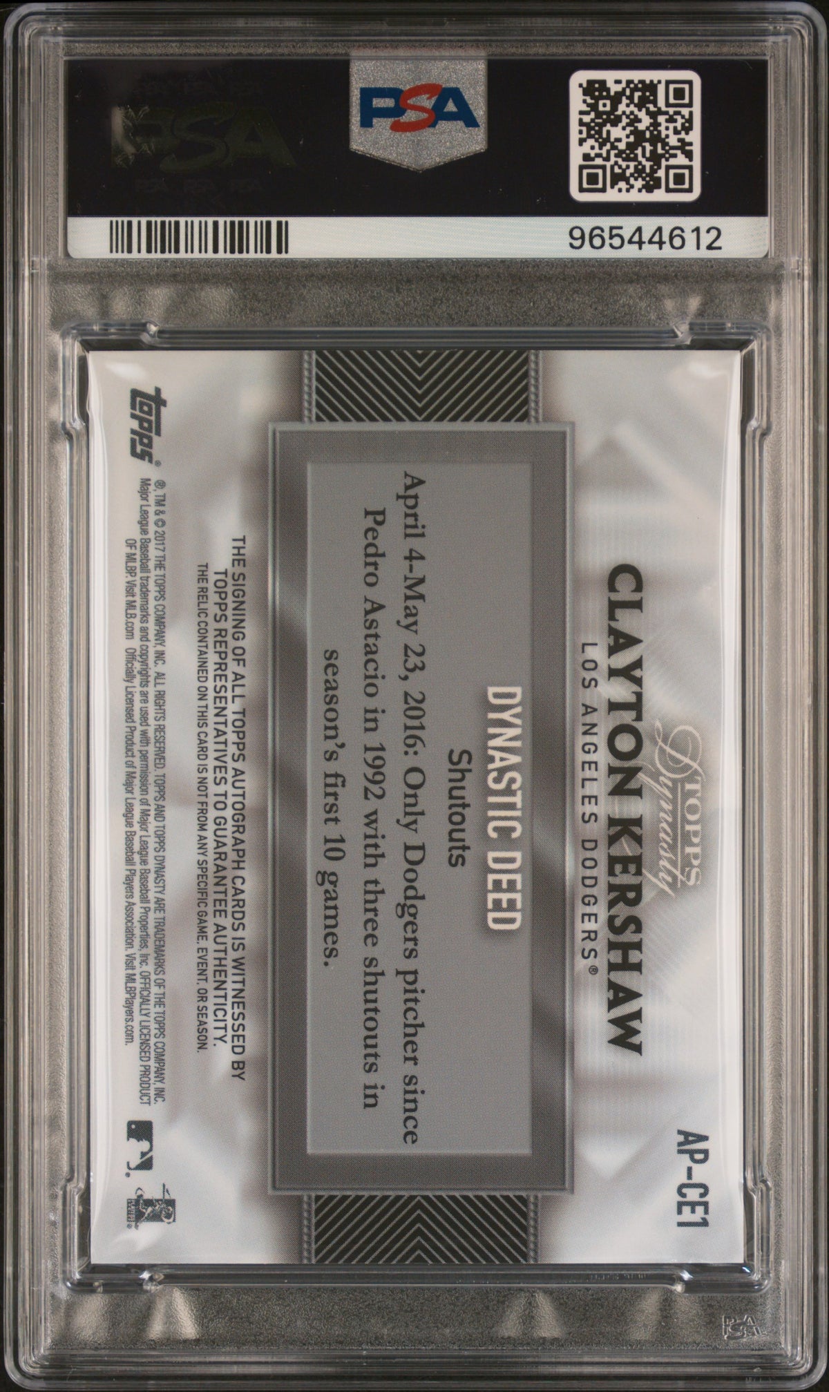 2017 Topps Dynasty Autograph Patch Clayton Kershaw #CE1 PSA 9