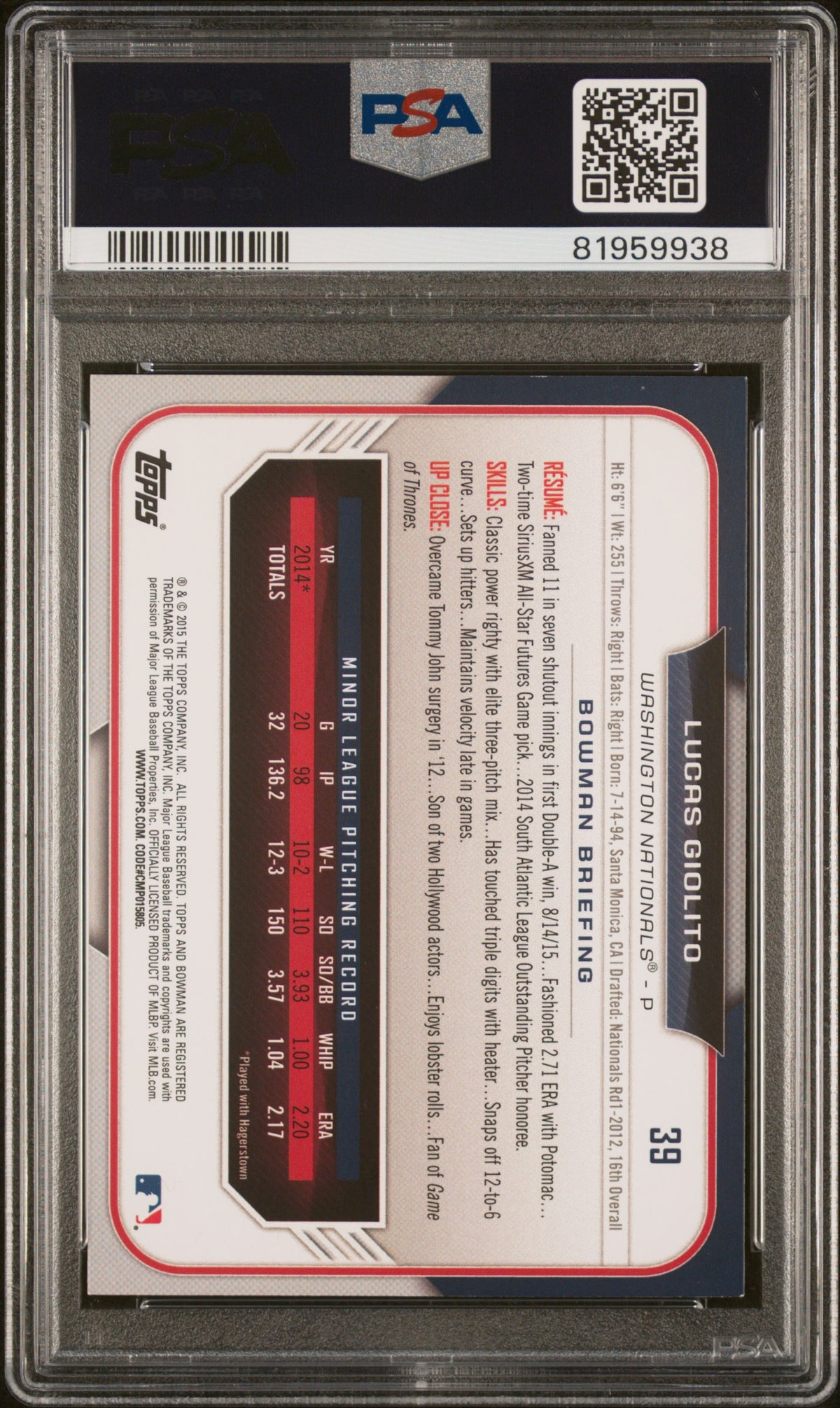 2022 Topps Archives Signatures Series Lucas Giolito #39 /89 PSA 7