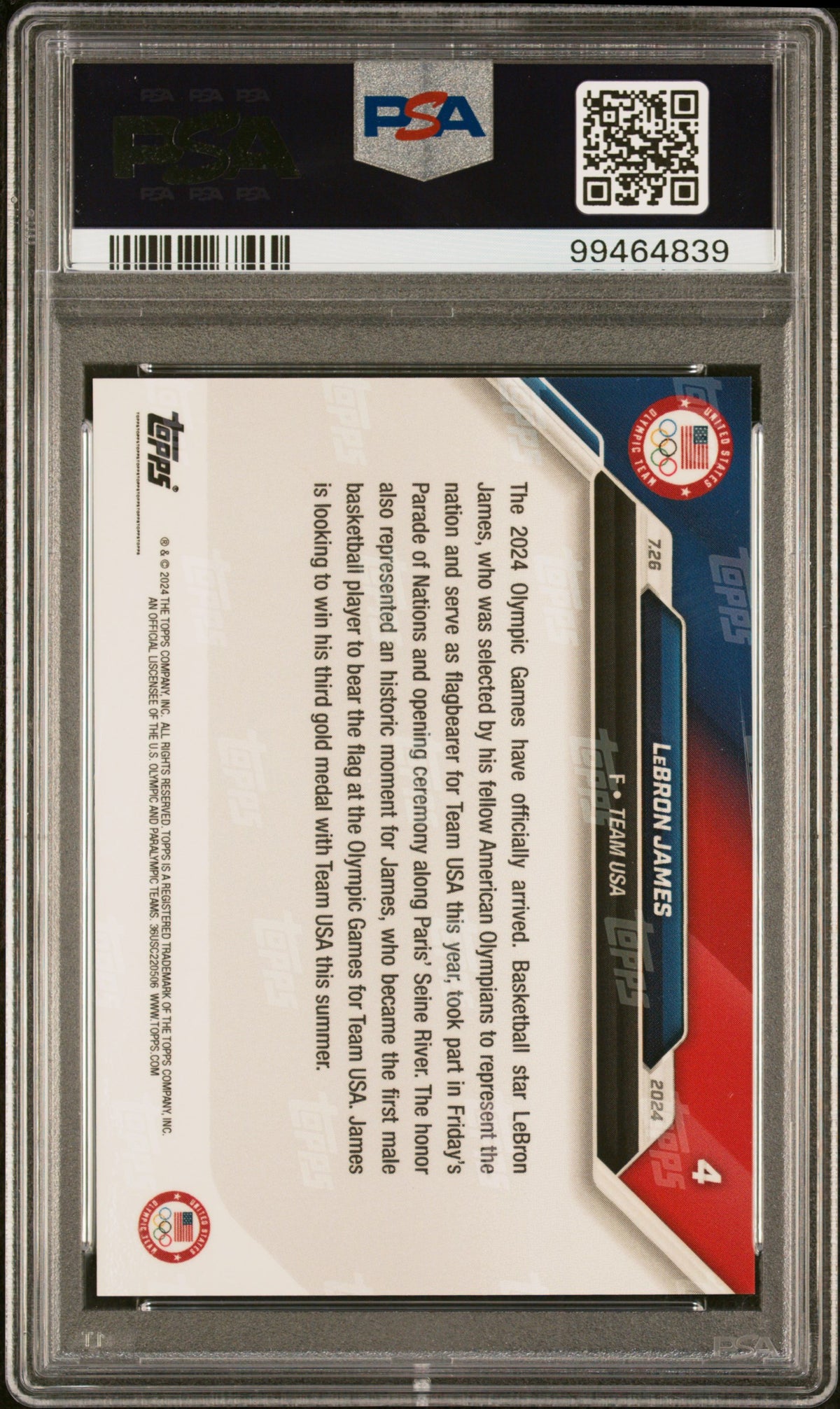 2024 Topps Now Olympic Games LeBron James #4 /13953 PSA 9