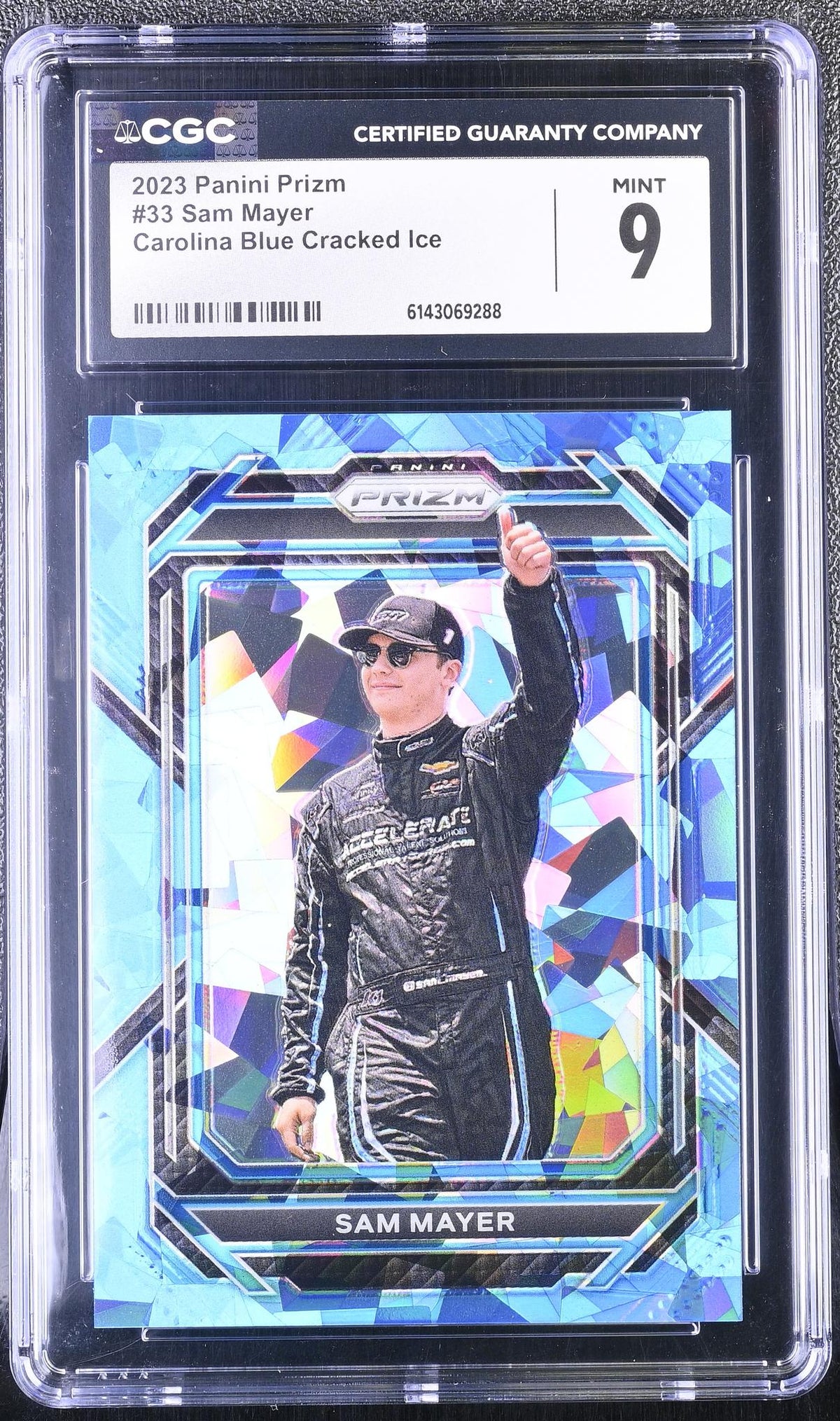 2023 Prizm #33 Sam Mayer Carolina Blue Cracked Ice CGC 9
