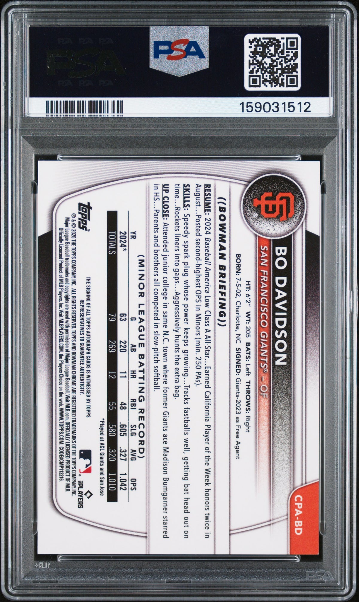 2025 Bowman Chrome Bo Davidson #CPA-BD PSA 9