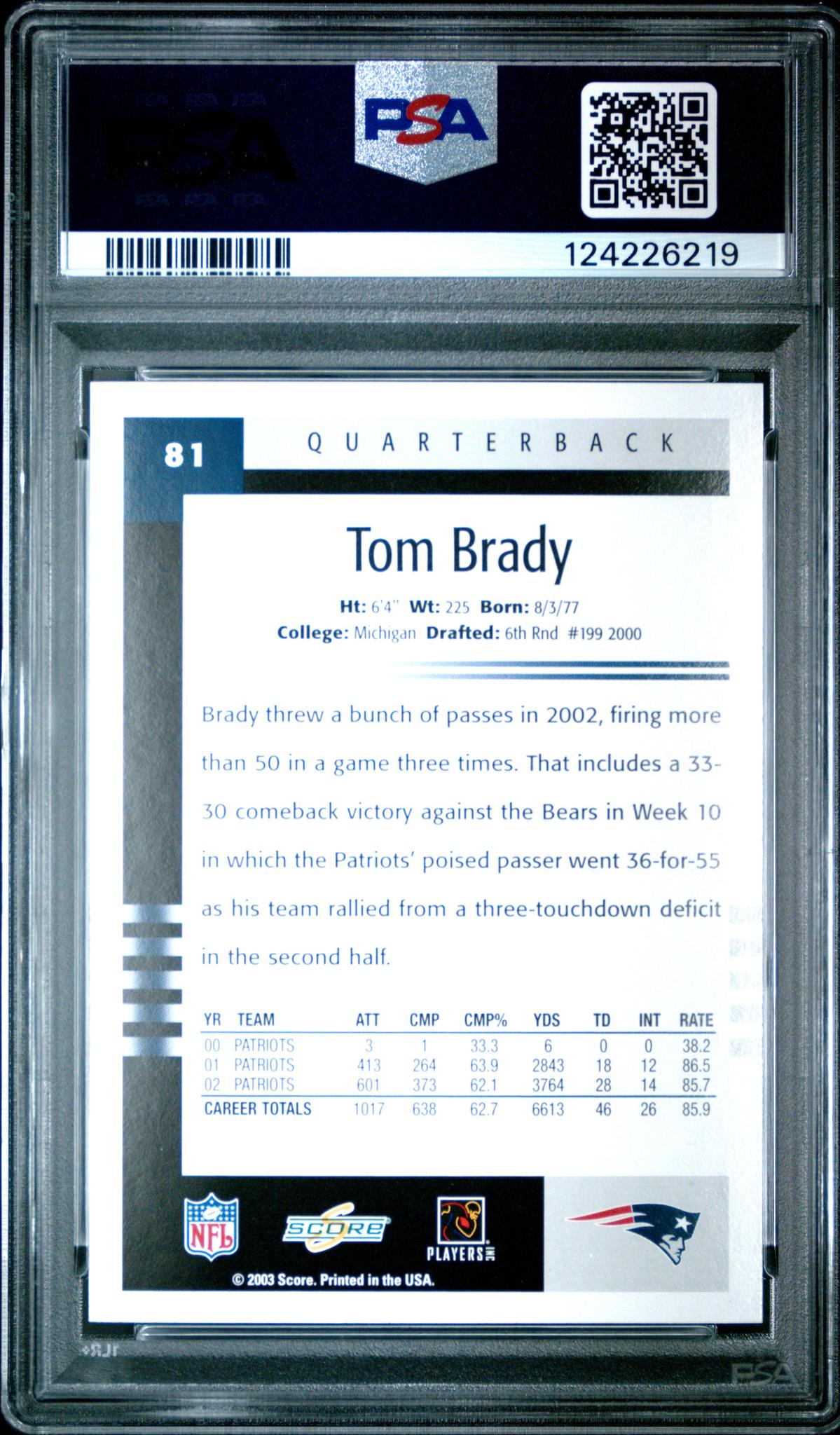 2003 Score Tom Brady #81 PSA 10