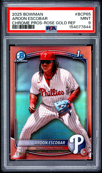 2025 Bowman Chrome Prospects Aroon Escobar #BCP65 Rose Gold Refractor PSA 9