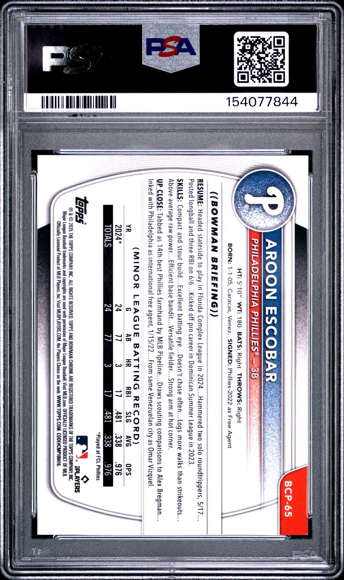 2025 Bowman Chrome Prospects Rose Gold Refractor Aroon Escobar #BCP65 PSA 9