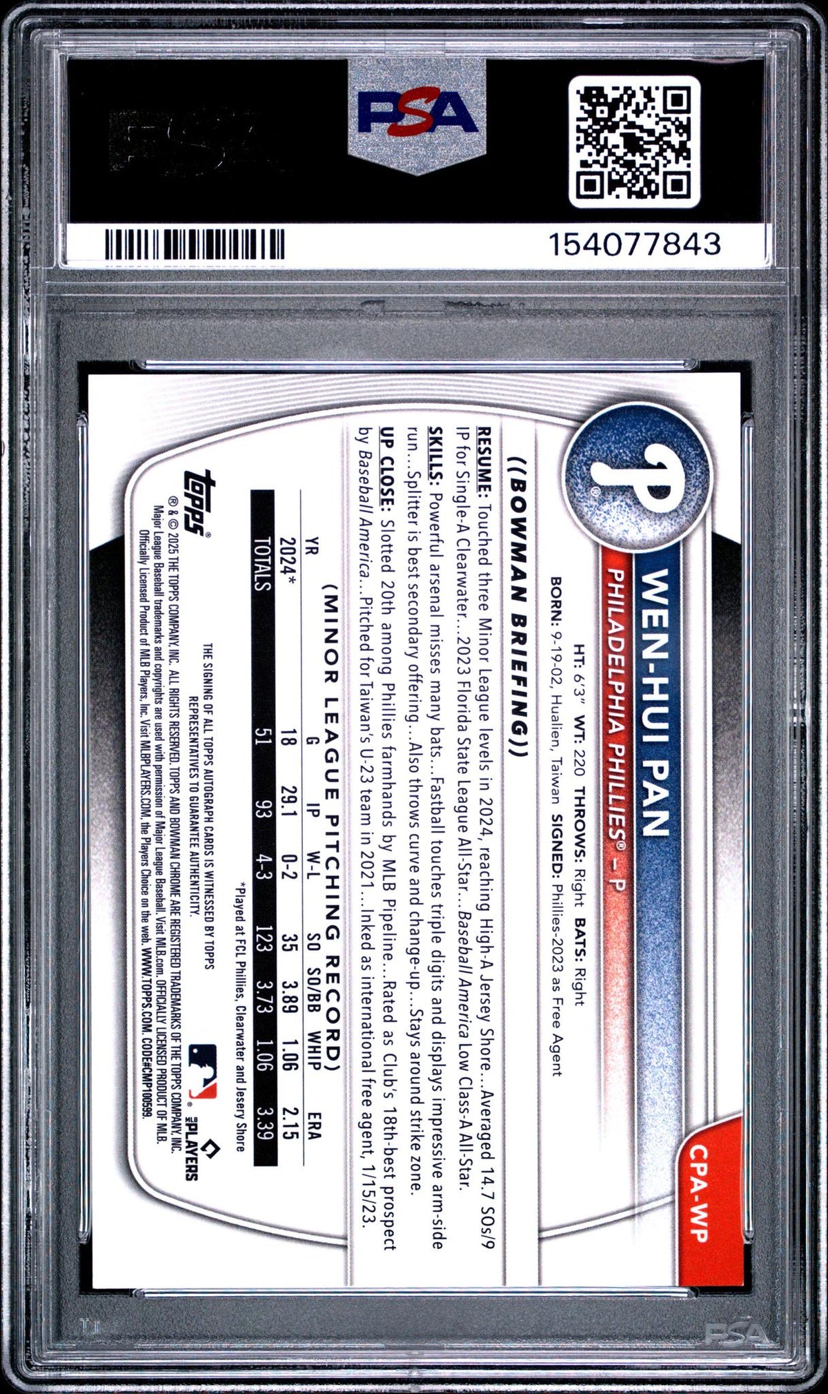 2025 Chrome Prospect Autographs Gold Refractors Wen-Hui Pan #CPAWP /50 PSA 9