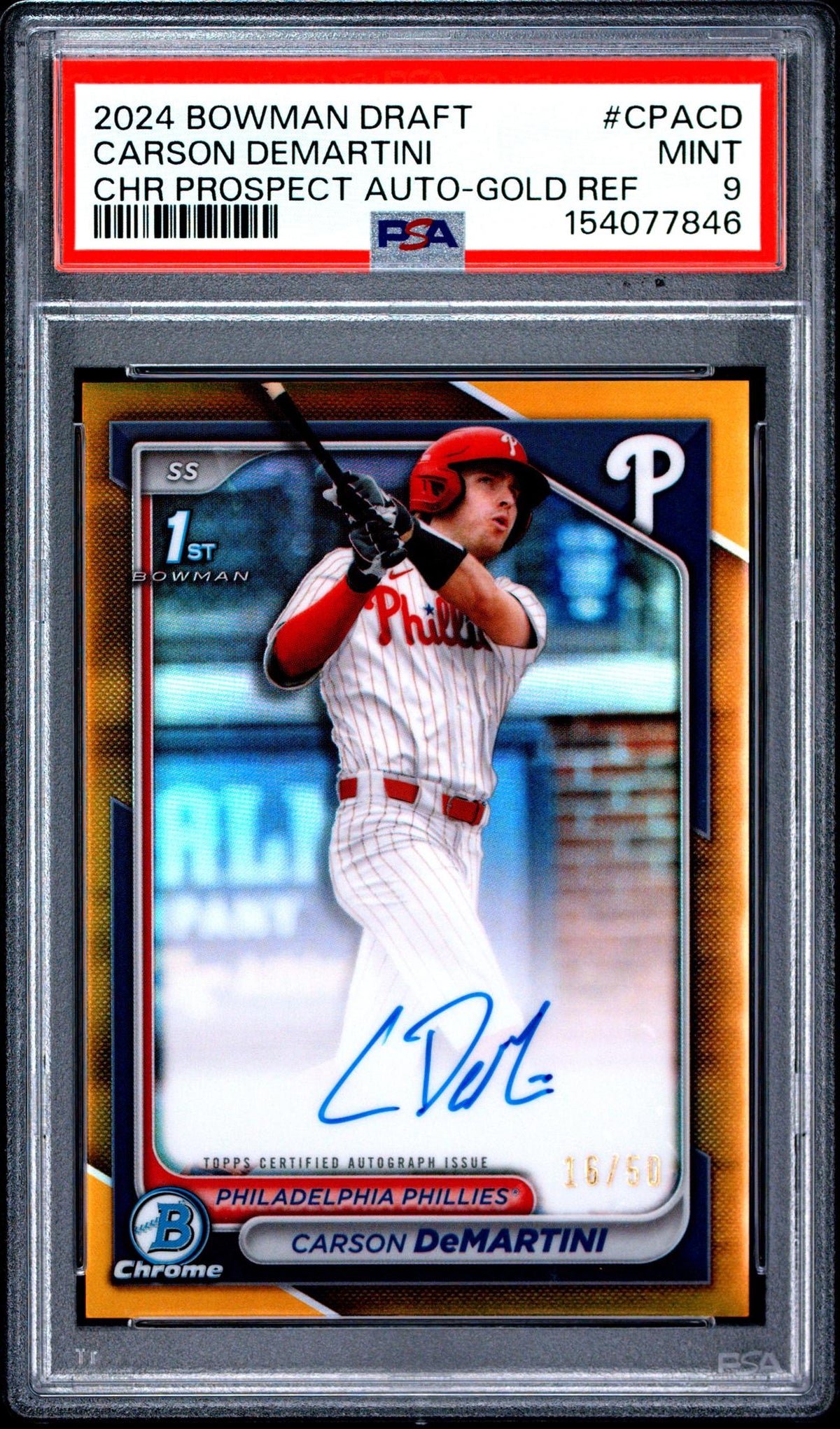2024 Bowman Draft Chrome Prospect Autographs Chr Prospect Auto-Gold Ref Carson Demartini #CPACD /50 PSA 9