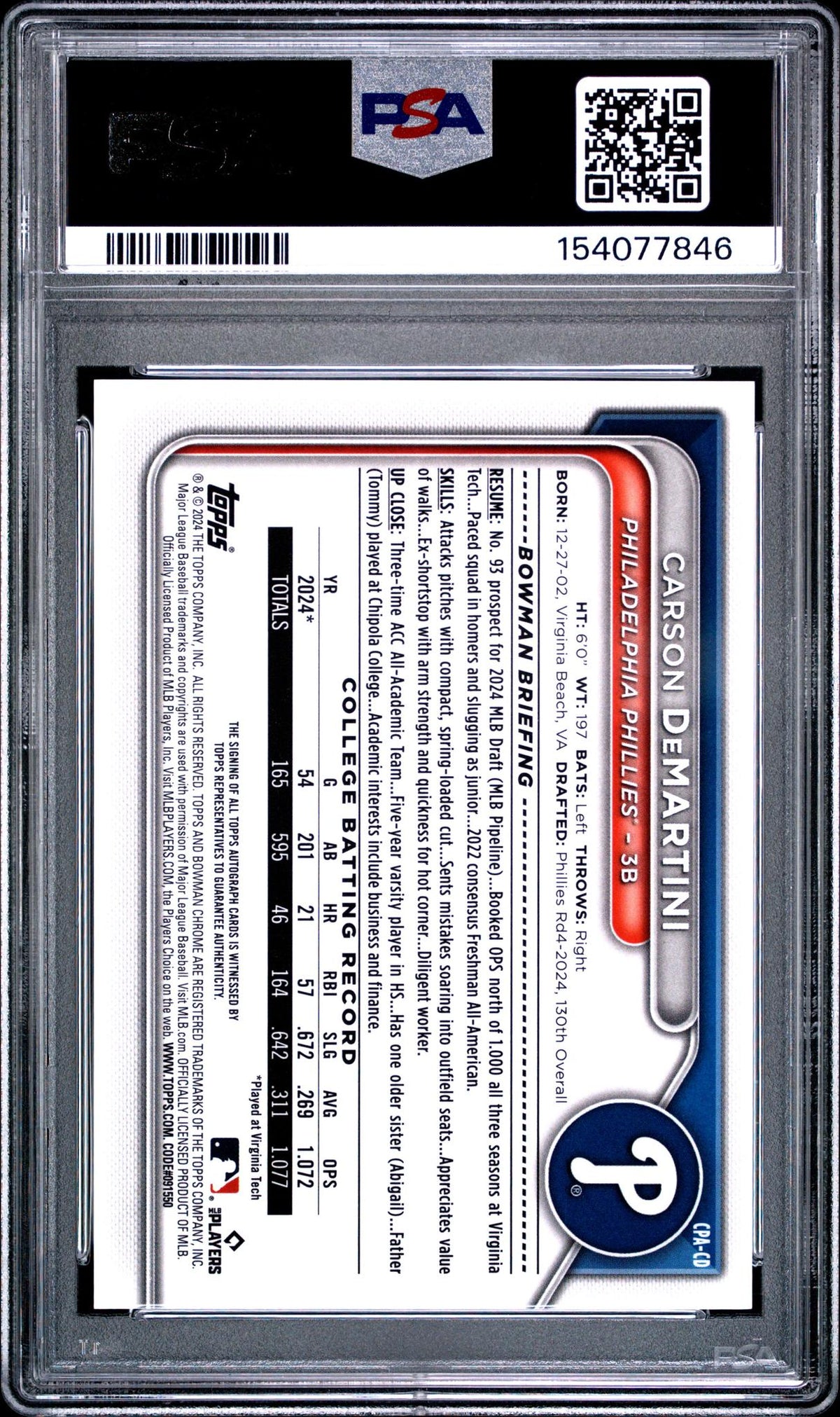 2024 Bowman Draft Chrome Prospect Autographs Chr Prospect Auto-Gold Ref Carson Demartini #CPACD /50 PSA 9