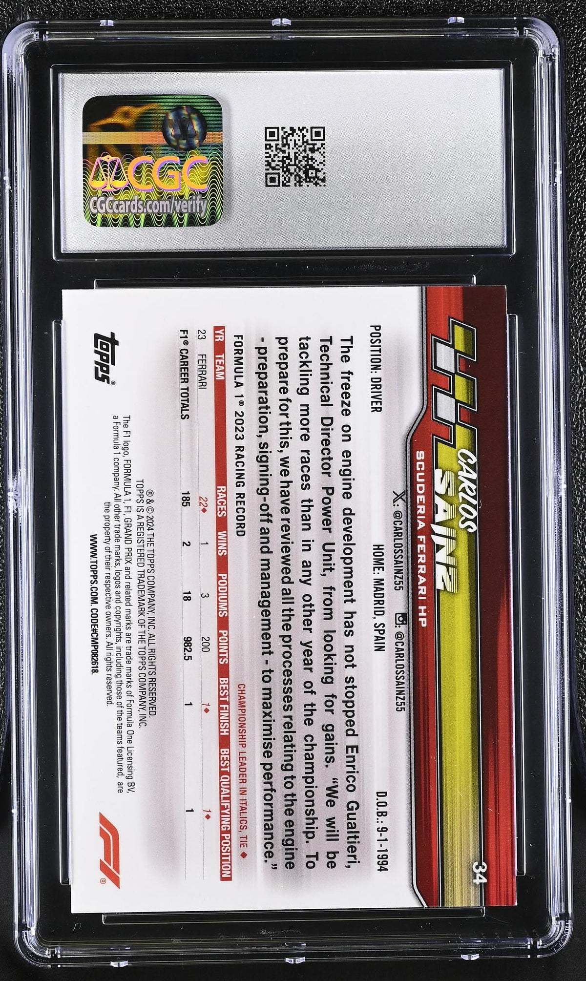 2024 Topps Chrome #34 Carlos Sainz Paddock Pass F1 CGC 10