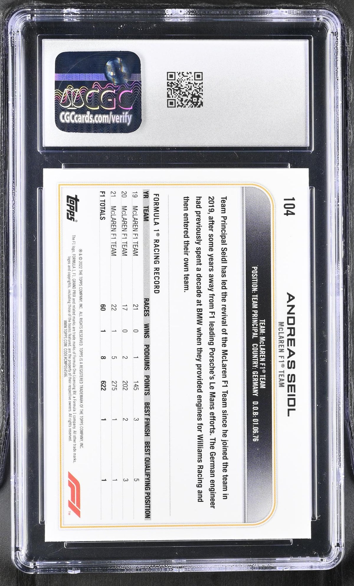 2022 Topps Formula 1 #104 Andreas Seidl Checker Flag CGC 9