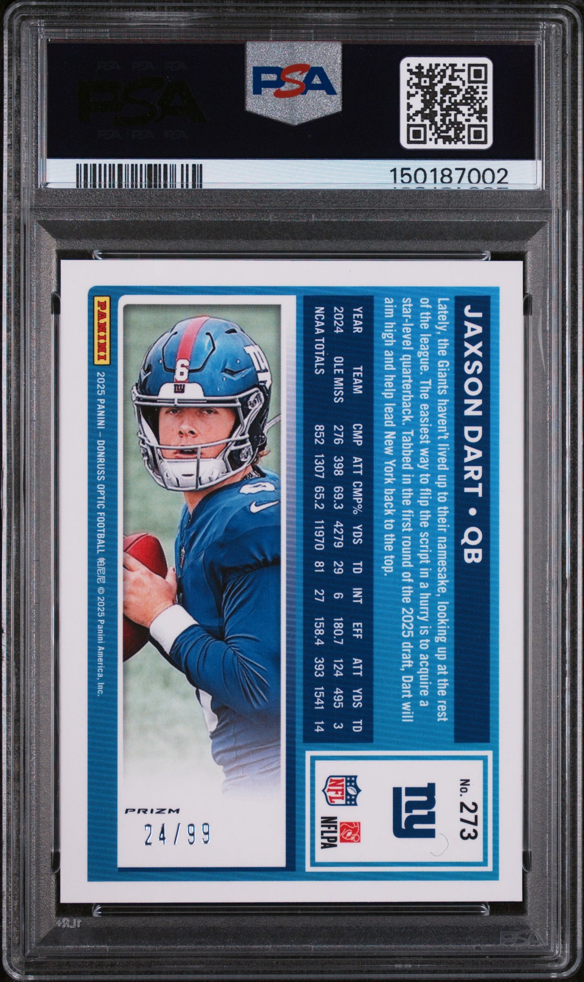 2025 Donruss Optic Pink Velocity Jaxson Dart #273 /99 PSA 9
