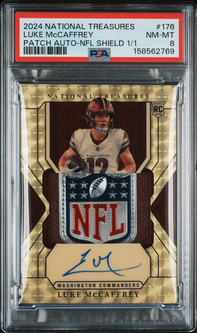 2024 National Treasures Luke McCaffrey #176 NFL Shield Patch Auto 1/1 PSA 8