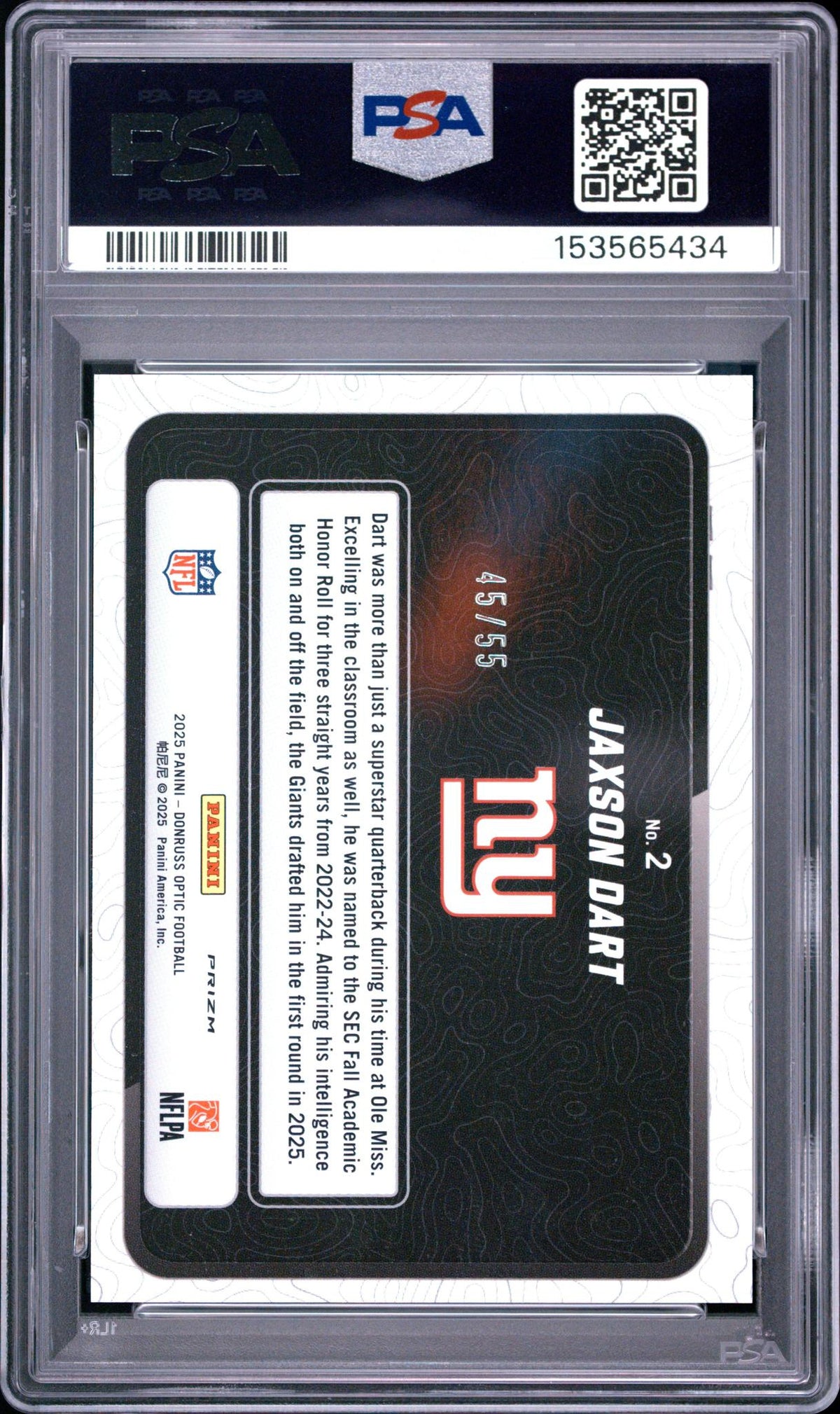 2025 Panini Donruss Optic Passing Grade Ice Jaxson Dart #2 /55 PSA 9
