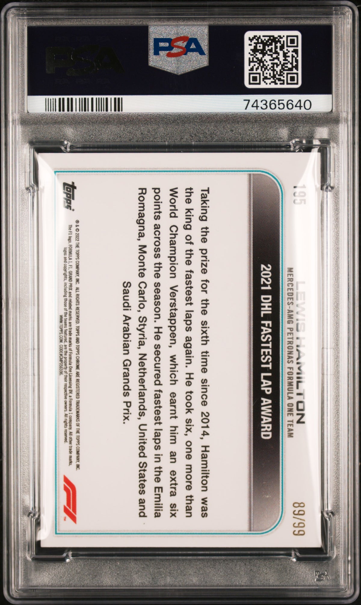 2022 Topps Chrome Formula 1 Green Refractor Lewis Hamilton #195 /99 PSA 10