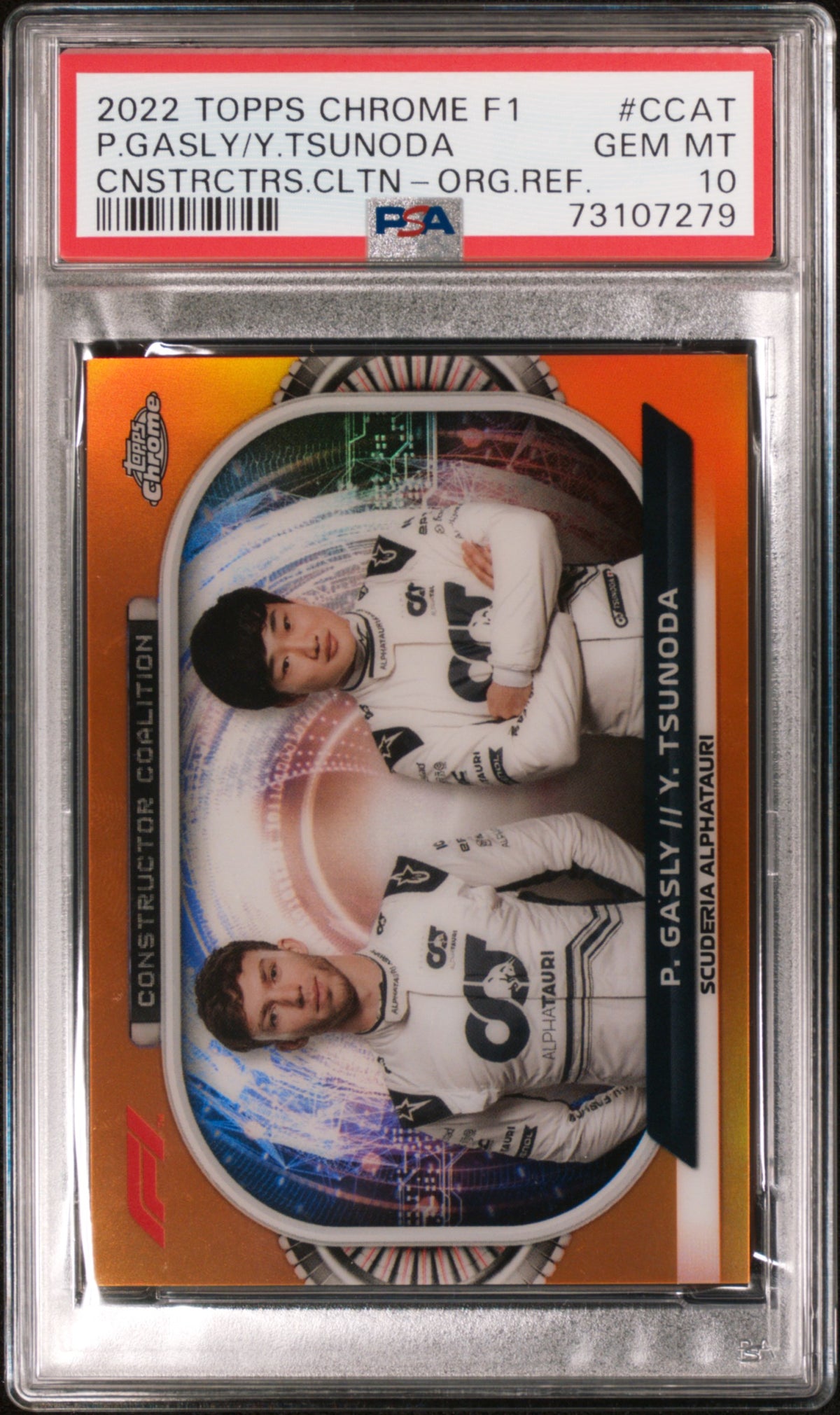 2022 Topps Chrome Formula 1 Constructors Coalition Orange Refractor Pierre Gasly/Yuki Tsunoda #CCAT /25 PSA 10