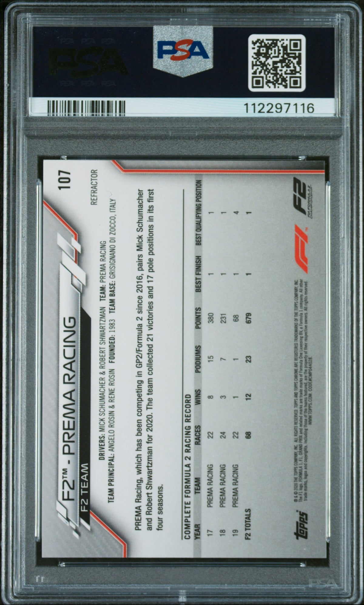 2020 Topps Chrome Formula 1 Refractor Prema Racing #107 PSA 9