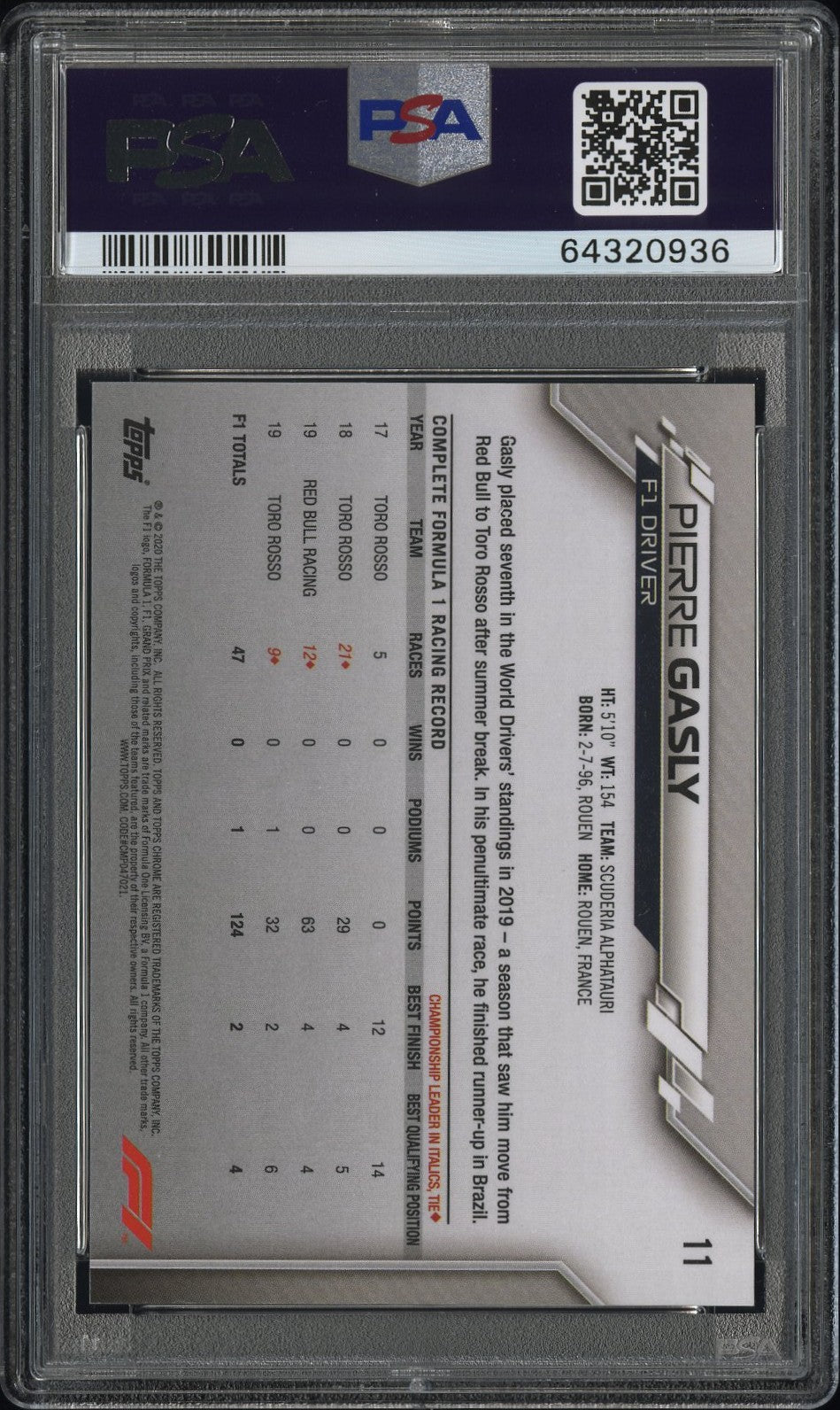 2020 Topps Chrome Formula 1 Sapphire Edition Pierre Gasly #11 PSA 10