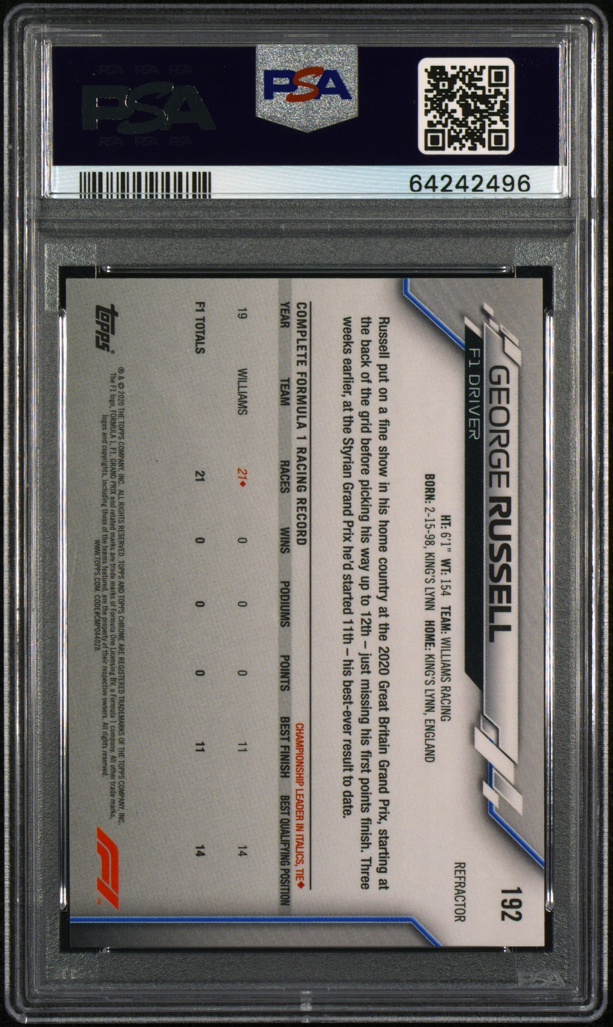 2020 Topps Chrome Formula 1 Refractor George Russell #192 PSA 8