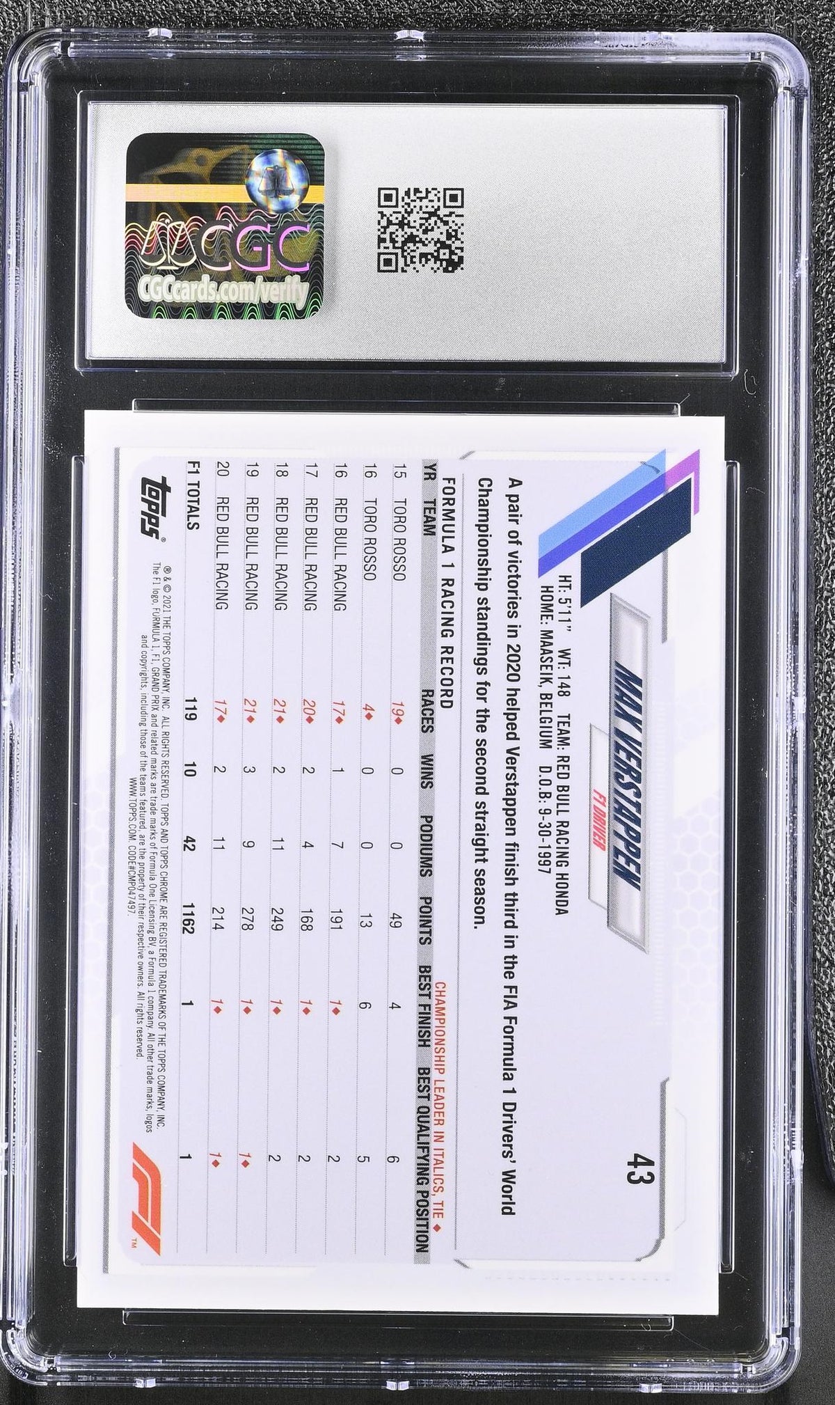 2021 Topps Chrome #43 Max Verstappen Checker Flag Refractor CGC 9