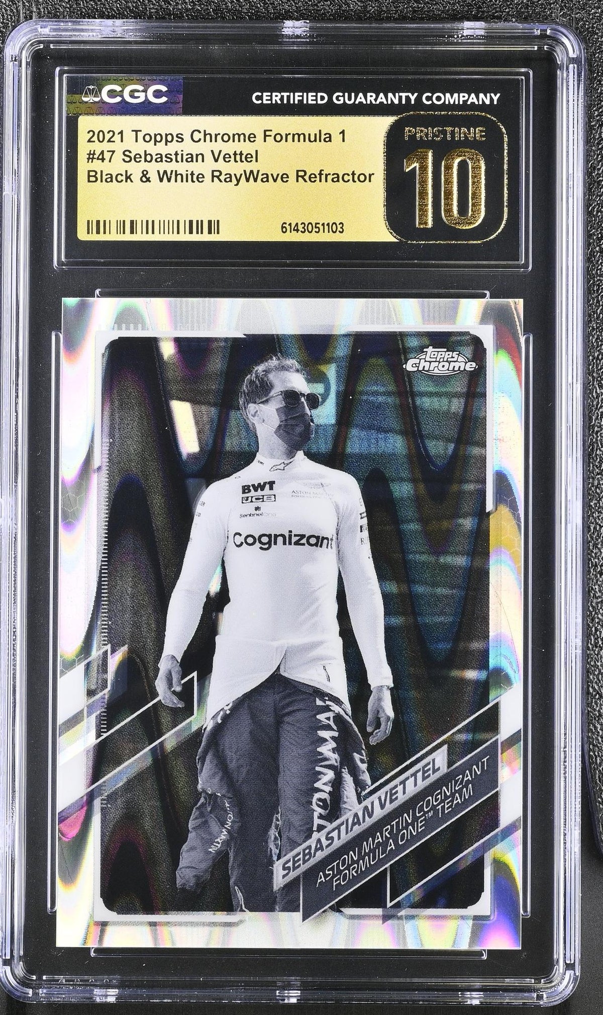 2021 Topps Chrome #47 Sebastian Vettel Black & White RayWave Refractor CGC 10