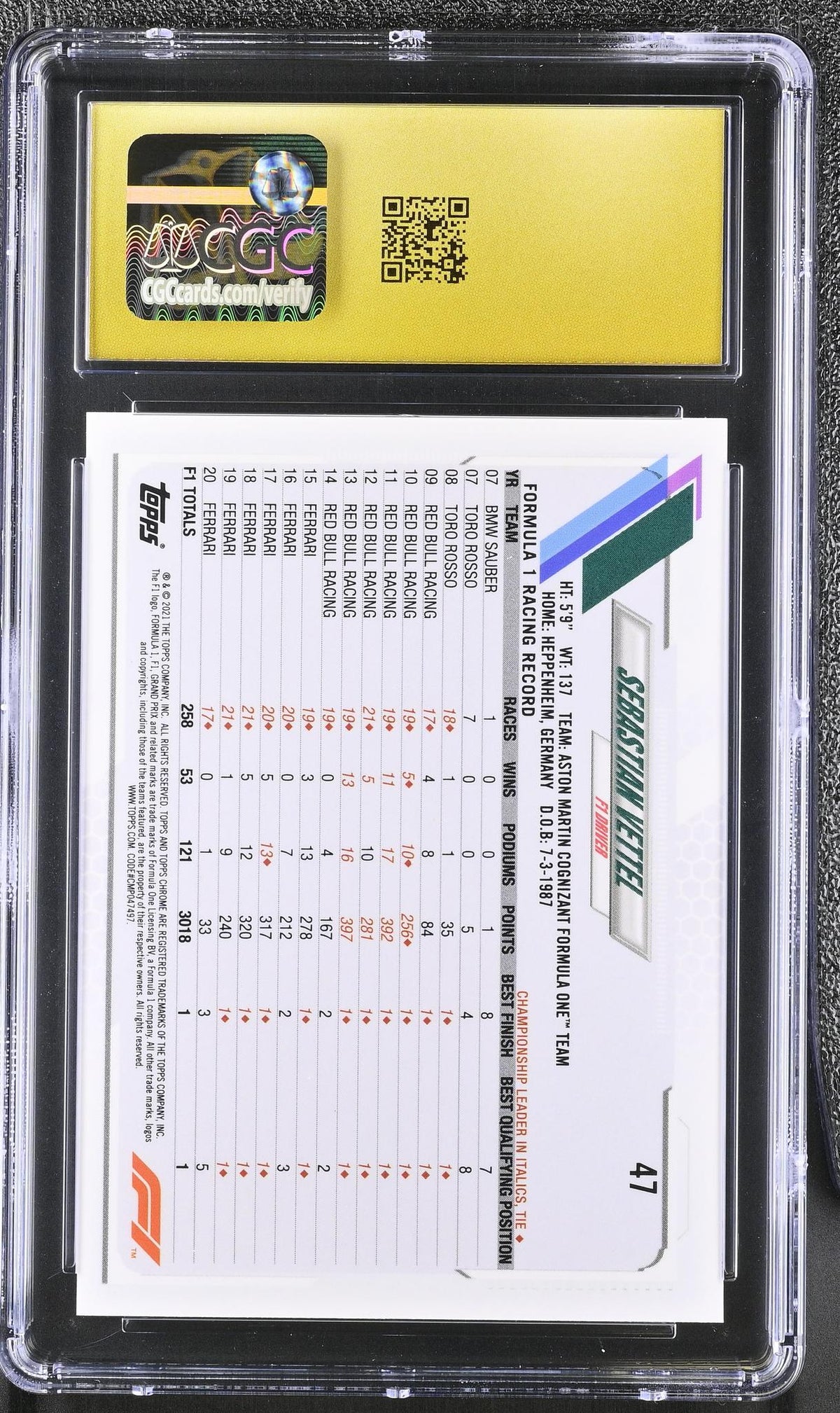 2021 Topps Chrome #47 Sebastian Vettel Black & White RayWave Refractor CGC 10