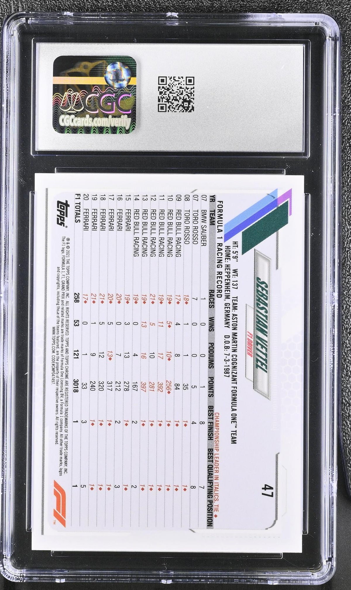 2021 Topps Chrome #47 Sebastian Vettel Purple Refractor CGC 9