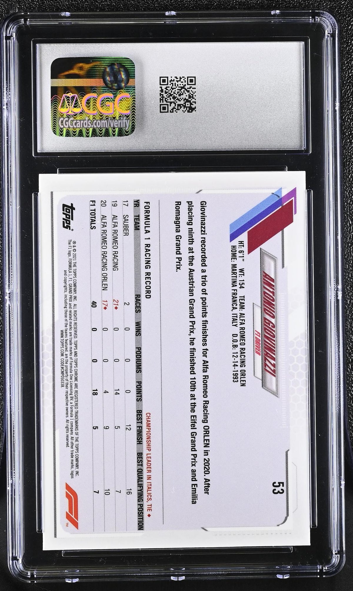 2021 Topps Chrome Sapphire #53 Antonio Giovinazzi CGC 10