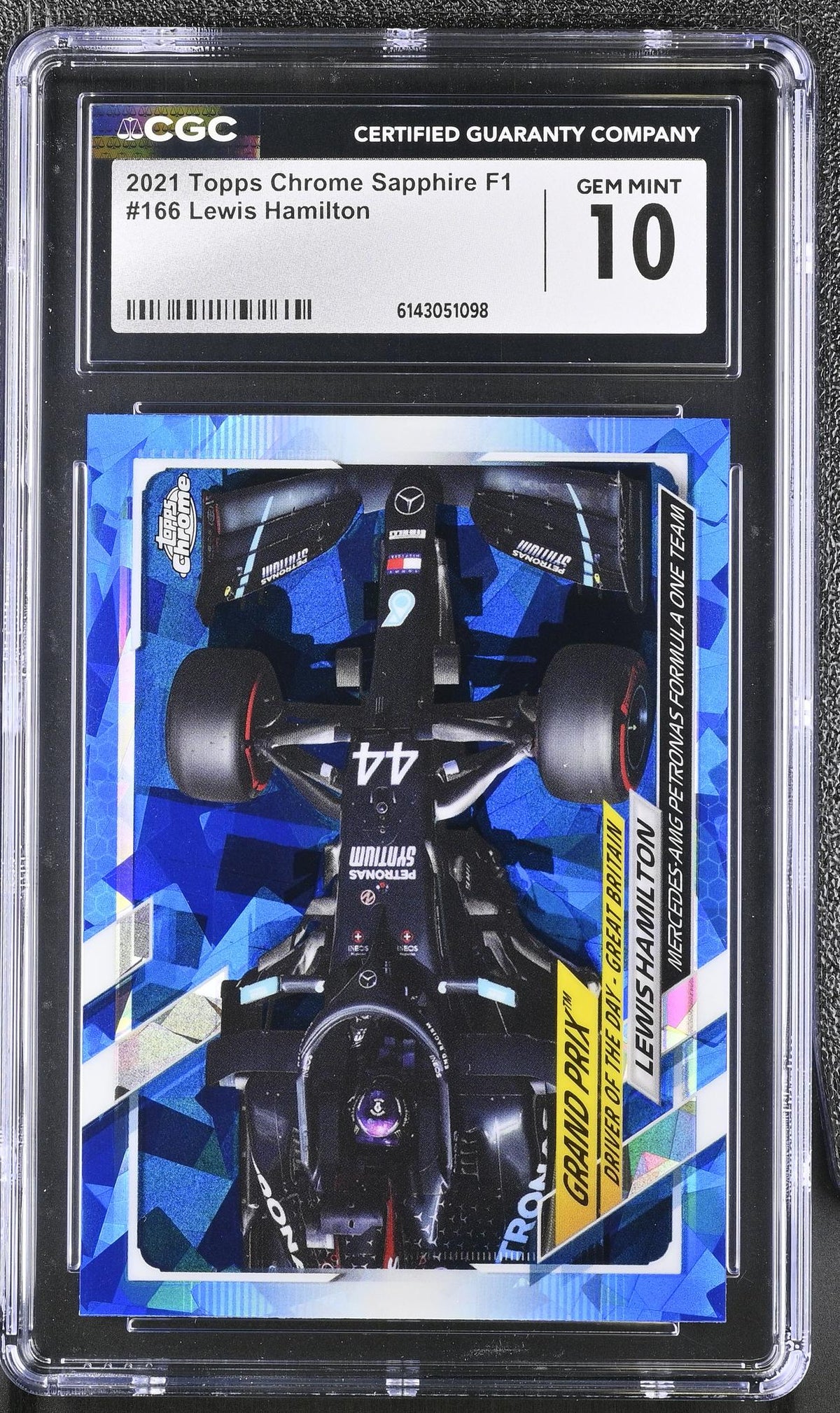 2021 Topps Chrome Sapphire Lewis Hamilton Grand Prix Driver of the Day: Great Britain CGC 10