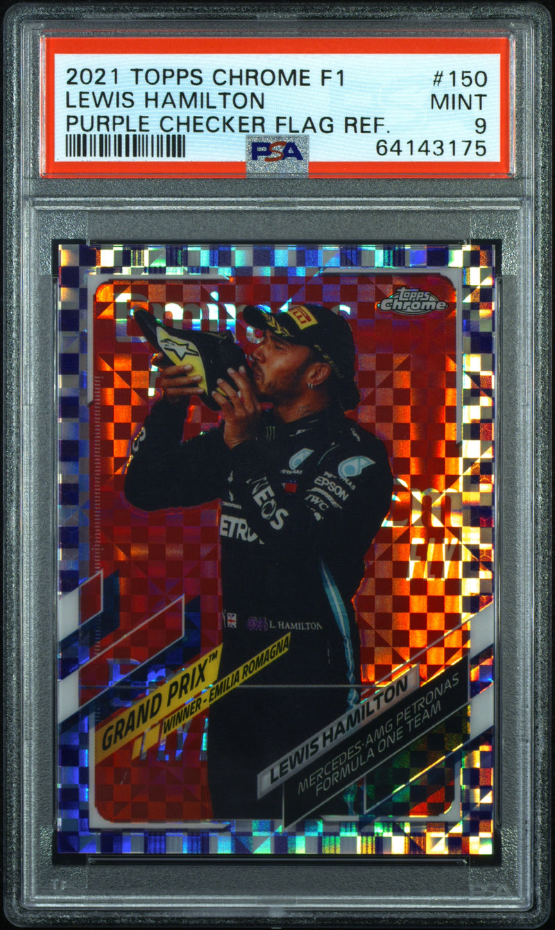 2021 Topps Chrome Formula 1 Purple Checker Flag Refractor Lewis Hamilton #150 /199 PSA 9
