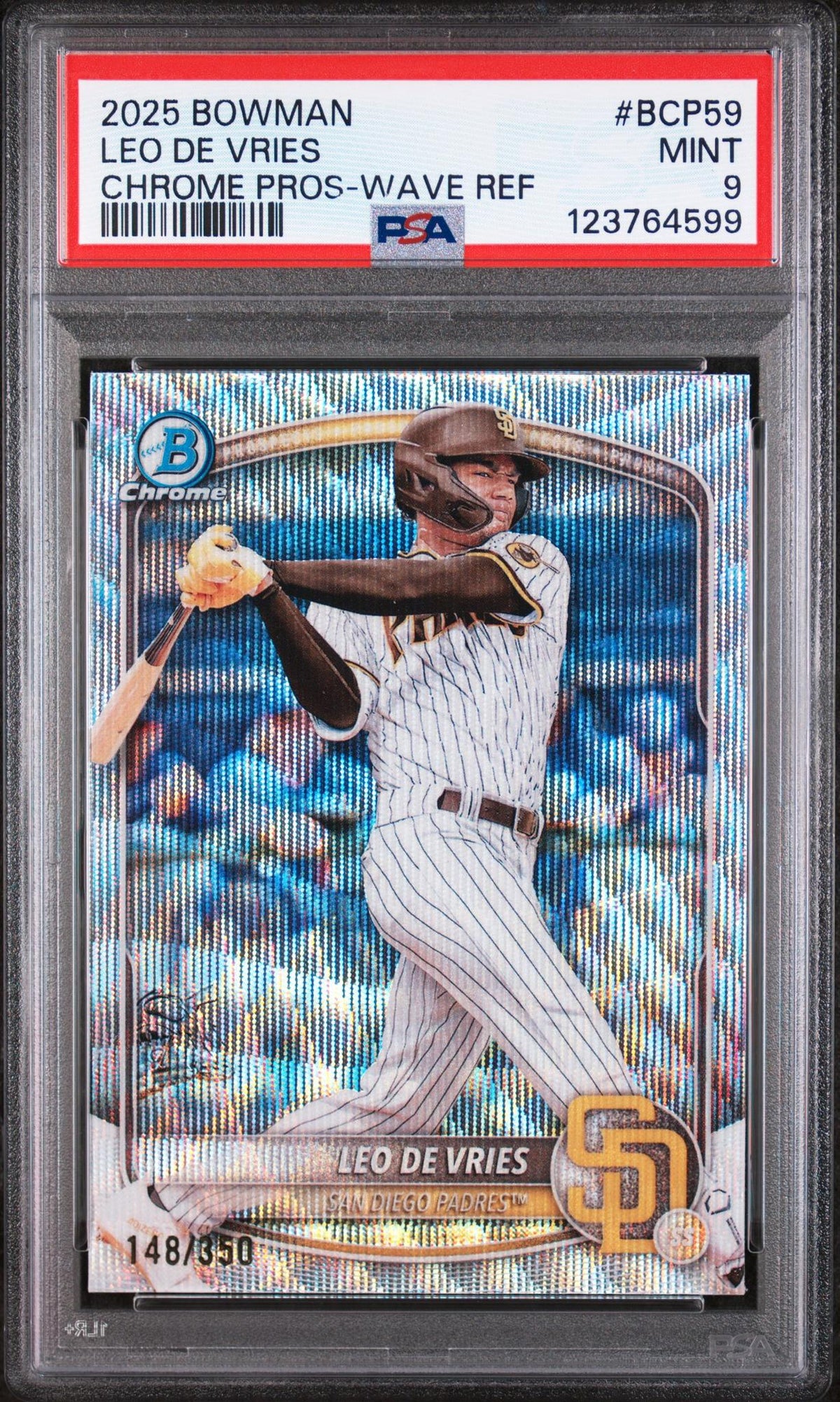2025 Bowman Chrome Prospects Wave Refractor Leo De Vries #BCP59 /350 PSA 9