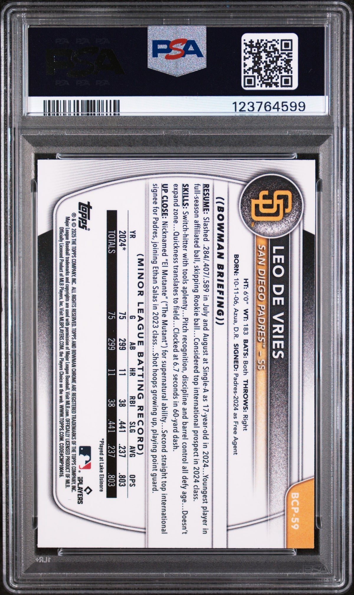 2025 Bowman Chrome Prospects Wave Refractor Leo De Vries #BCP59 /350 PSA 9