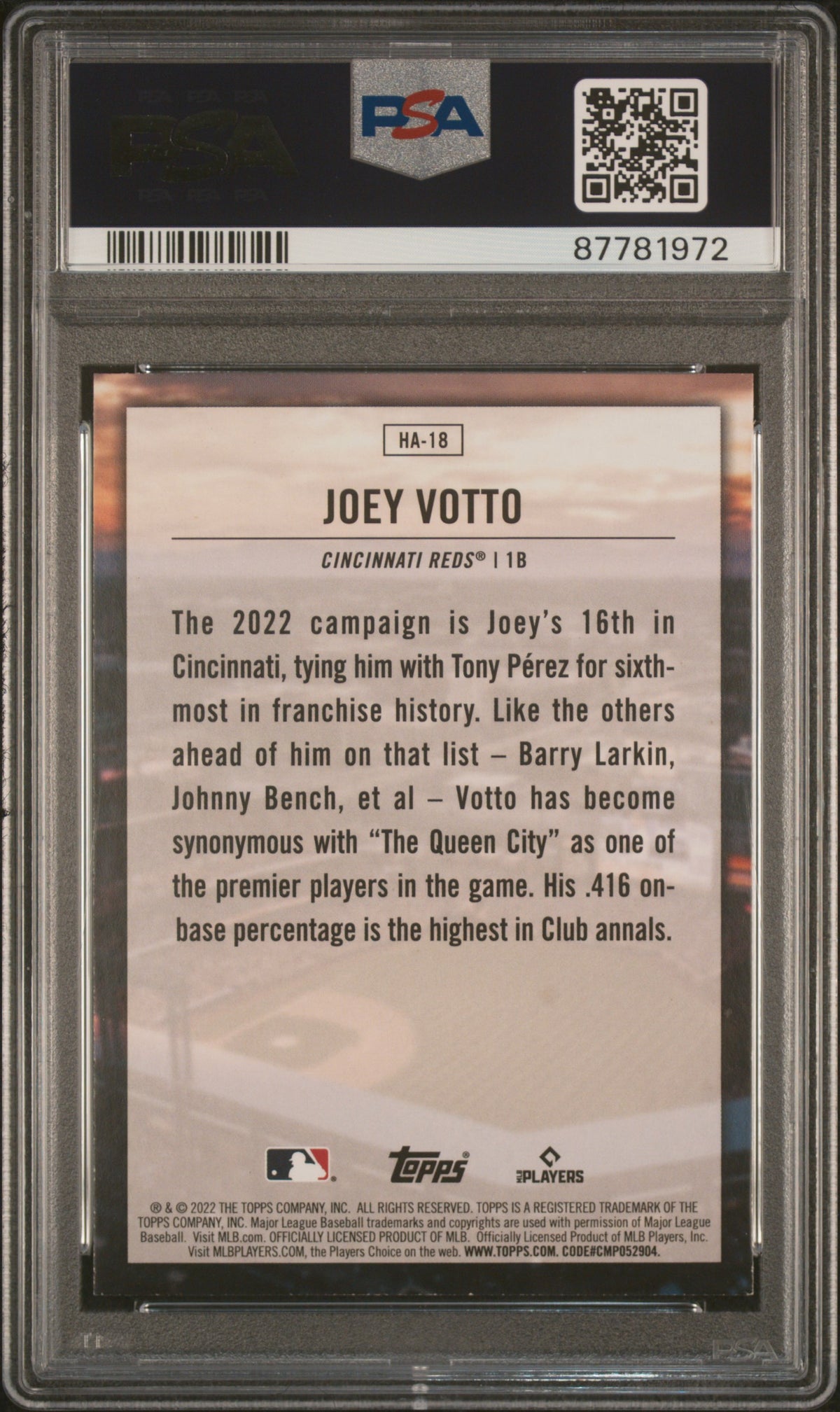 2022 Topps Home Field Advantage Joey Votto #HA18 PSA 9
