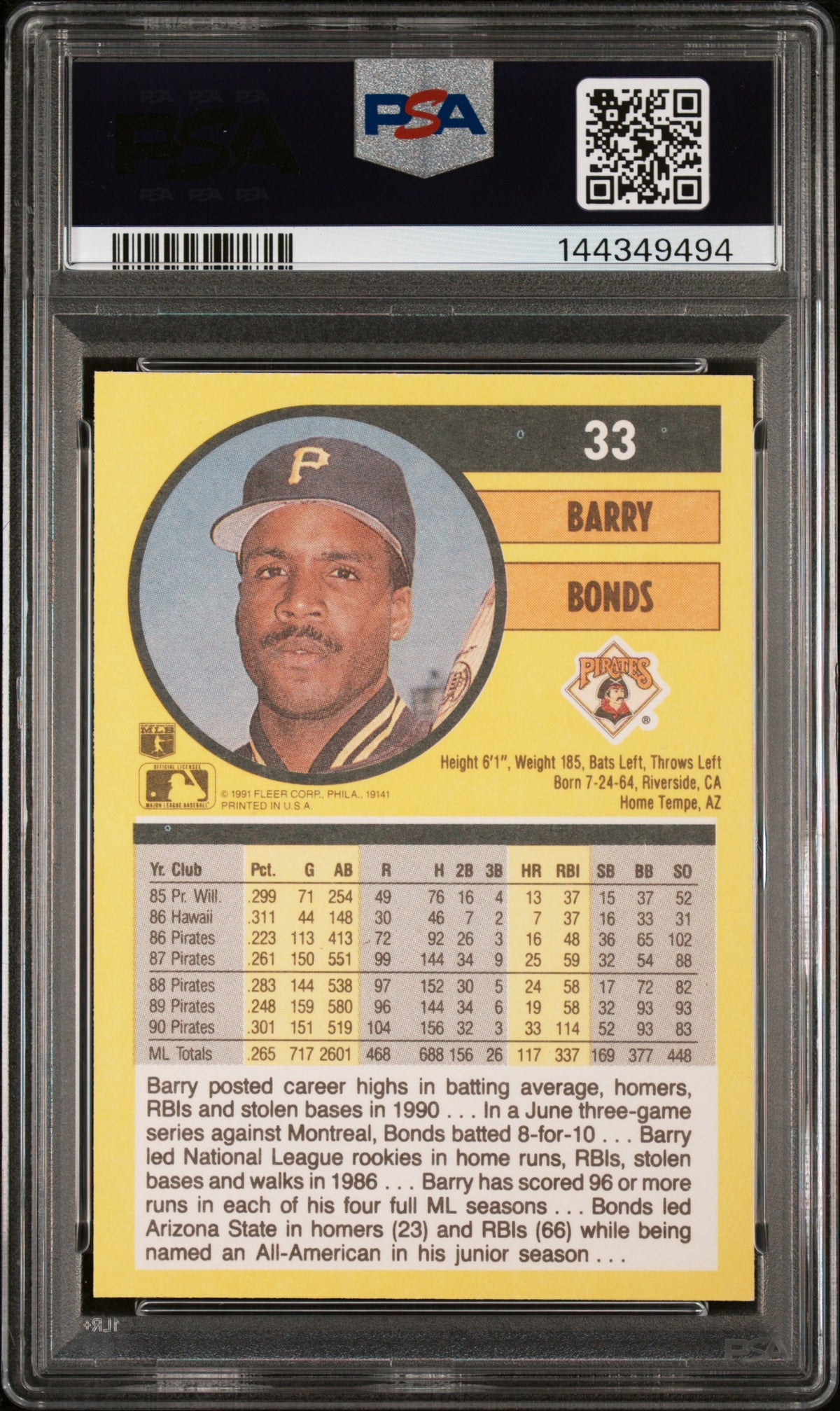 1991 Fleer Tradition Barry Bonds #33 PSA 8