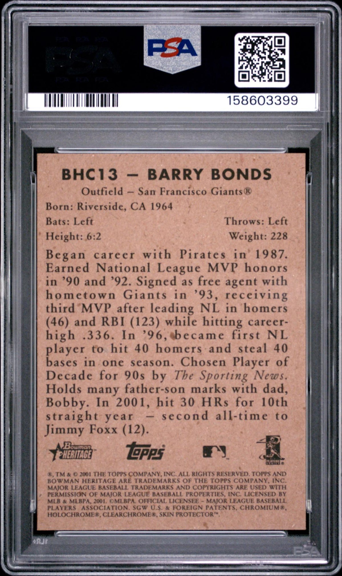 2001 Bowman Heritage Chrome Chrome Barry Bonds #BHC13 PSA 9