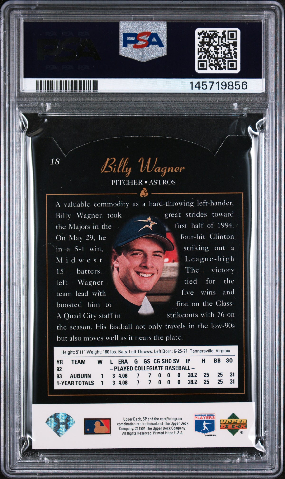 1994 SP Die Cut Billy Wagner #18 PSA 8
