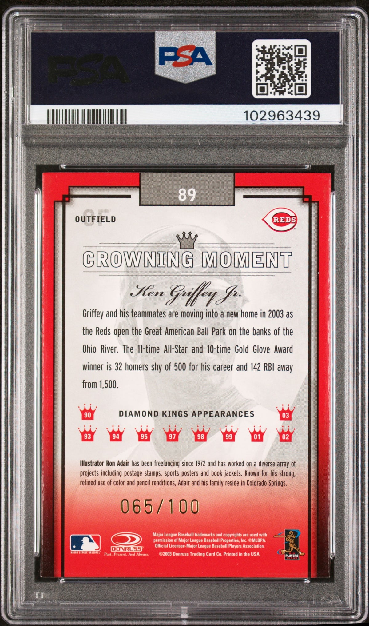 2003 Donruss Diamond Kings Framed Portrait Gold Ken Griffey Jr #89 /100 PSA 8