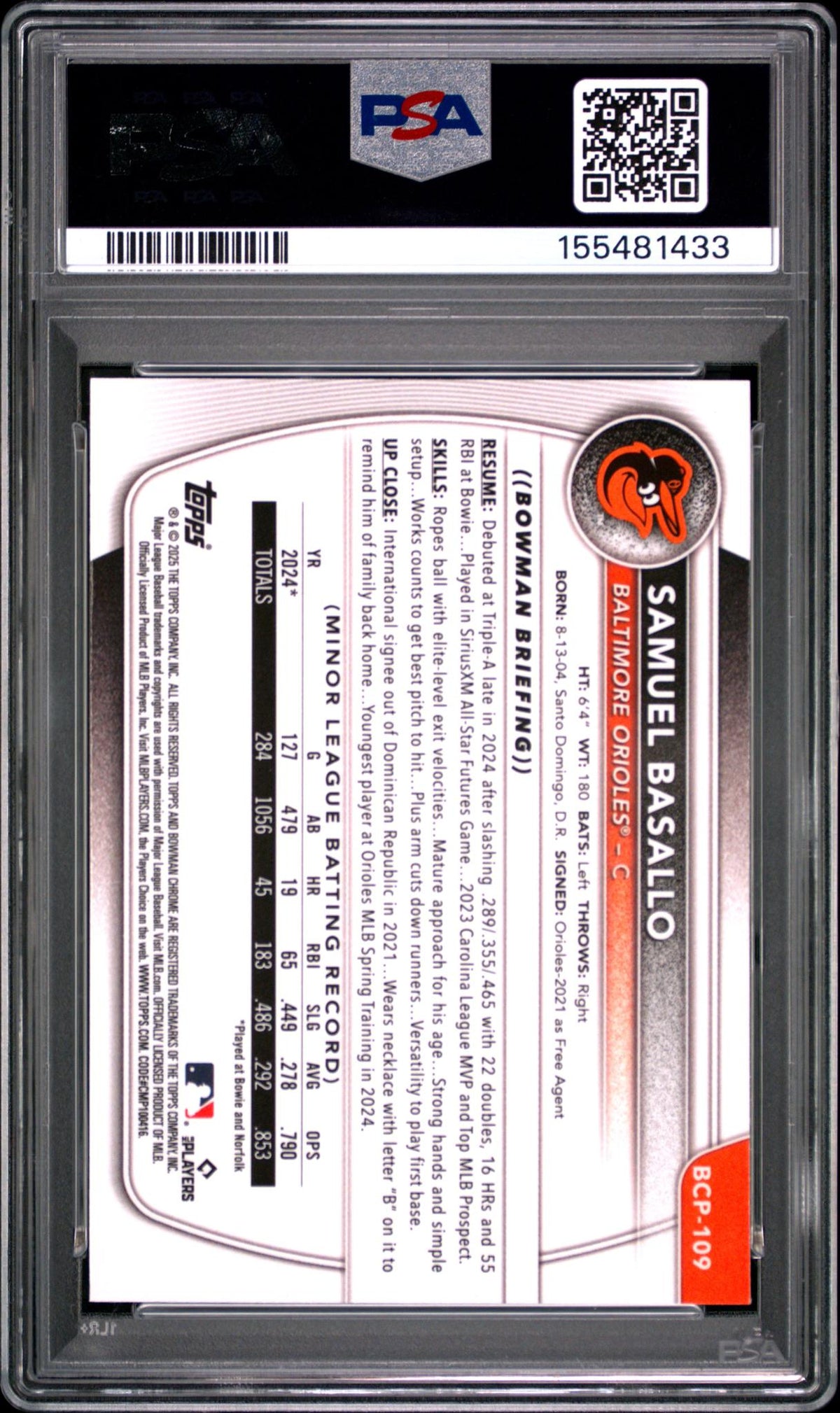 2025 Bowman Chrome Prospects Samuel Basallo #BCP109 PSA 10