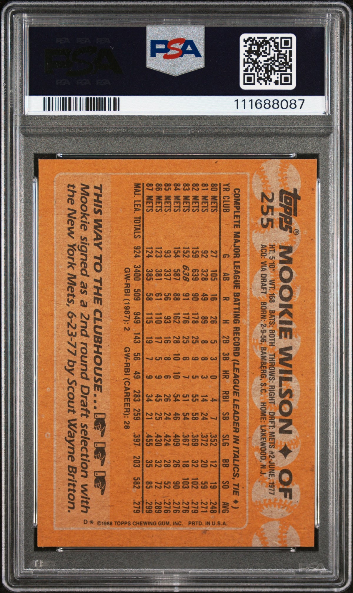 1988 Topps Mookie Wilson #255 PSA 8