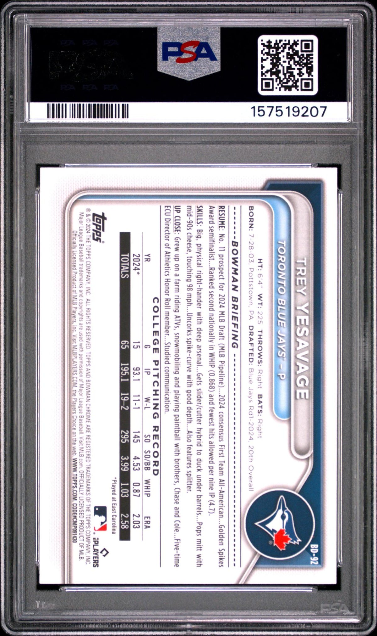2024 Bowman Draft Trey Yesavage #BD-92 PSA 10
