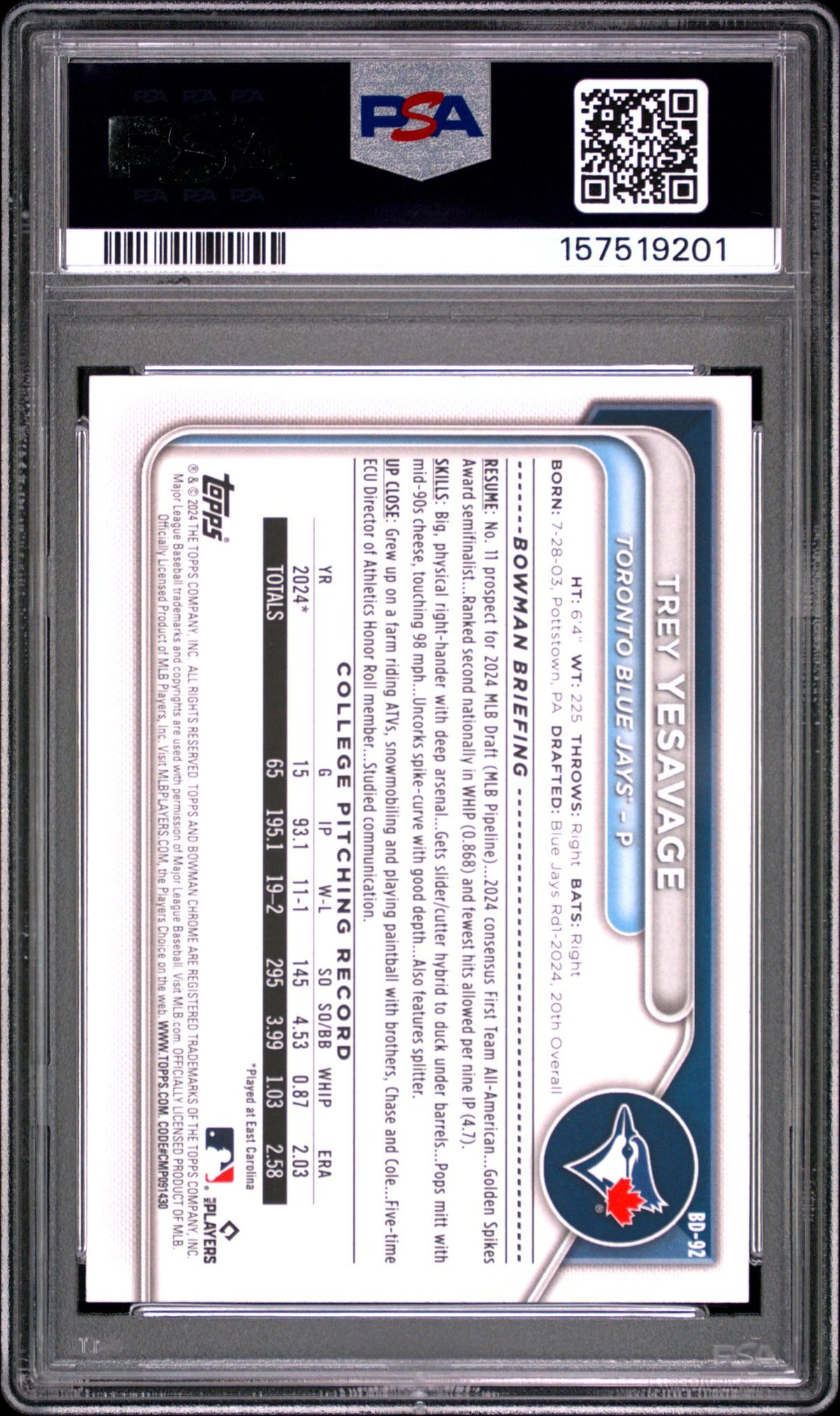 2024 Bowman Draft Trey Yesavage #BD-92 PSA 10