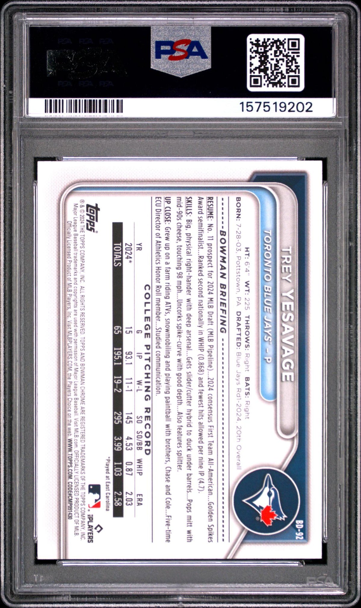 2024 Bowman Draft Trey Yesavage #BD-92 PSA 10