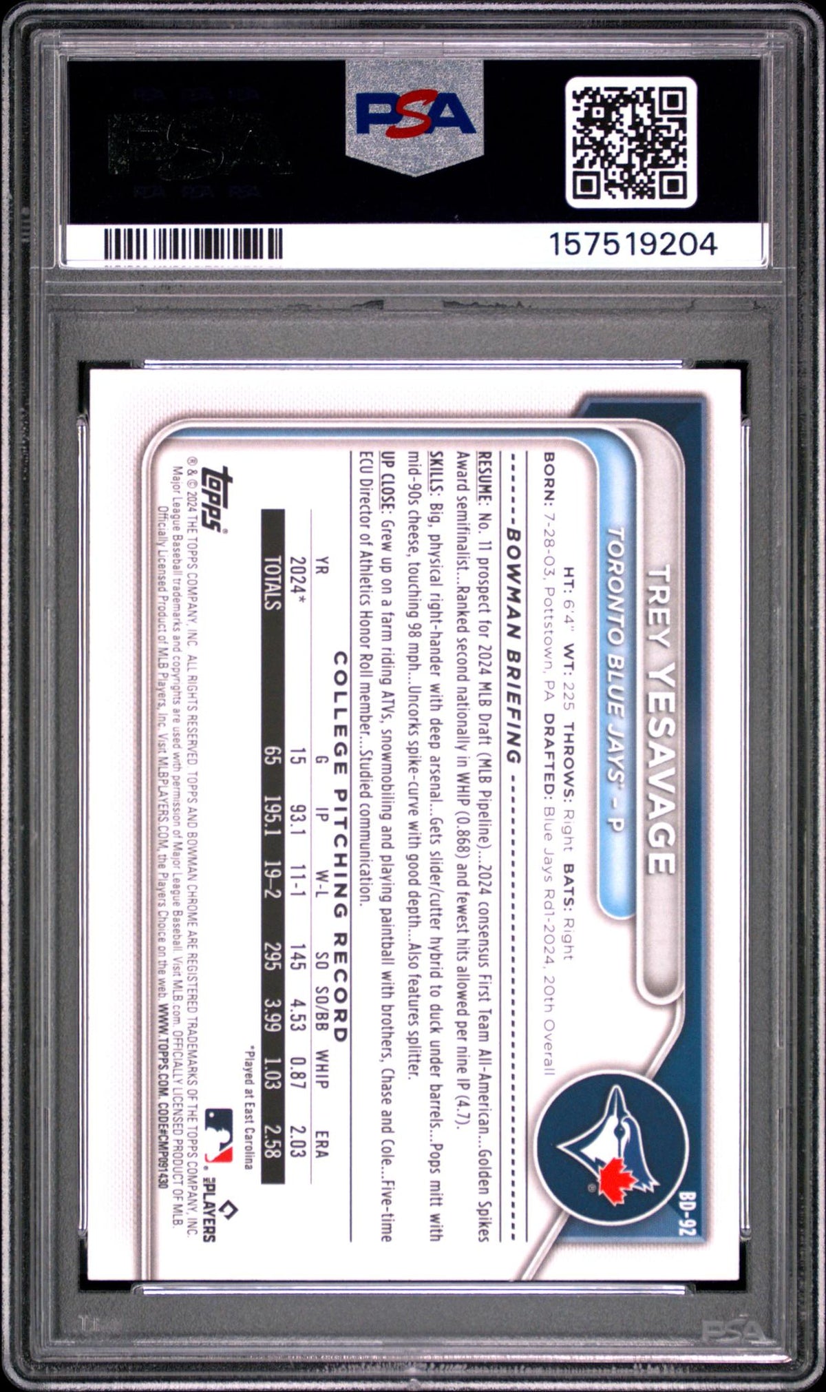 2024 Bowman Draft Trey Yesavage #BD-92 PSA 10