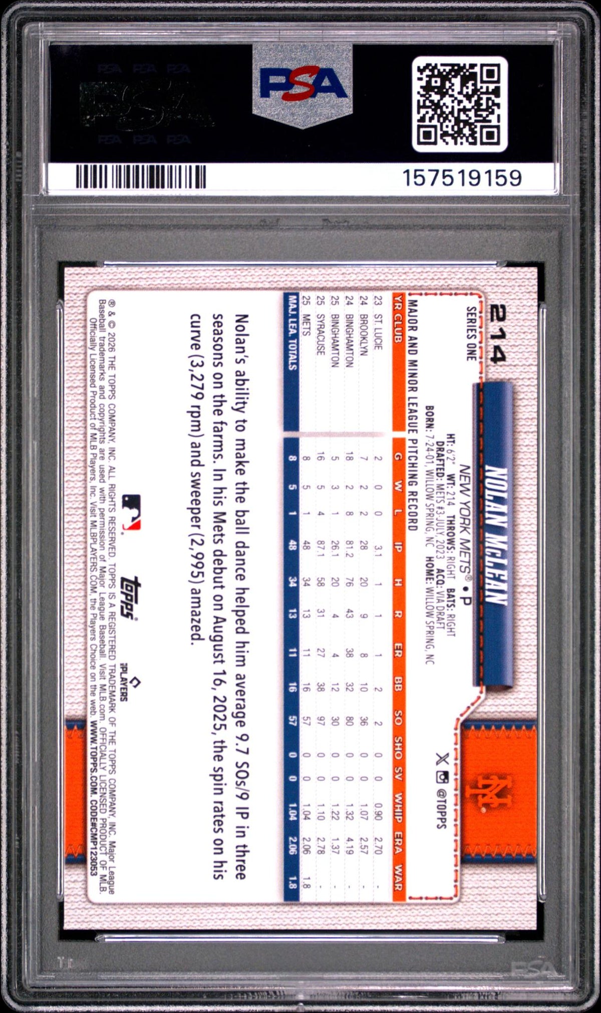 2026 Topps Nolan Mclean #214 PSA 10