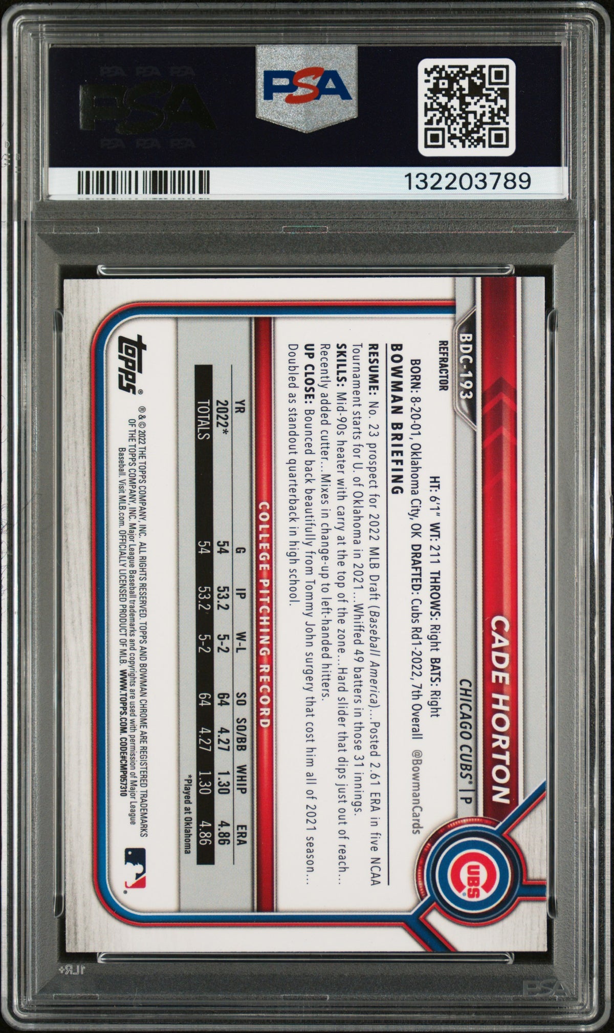 2022 Bowman Chrome Draft Refractor Cade Horton #BDC193 PSA 10